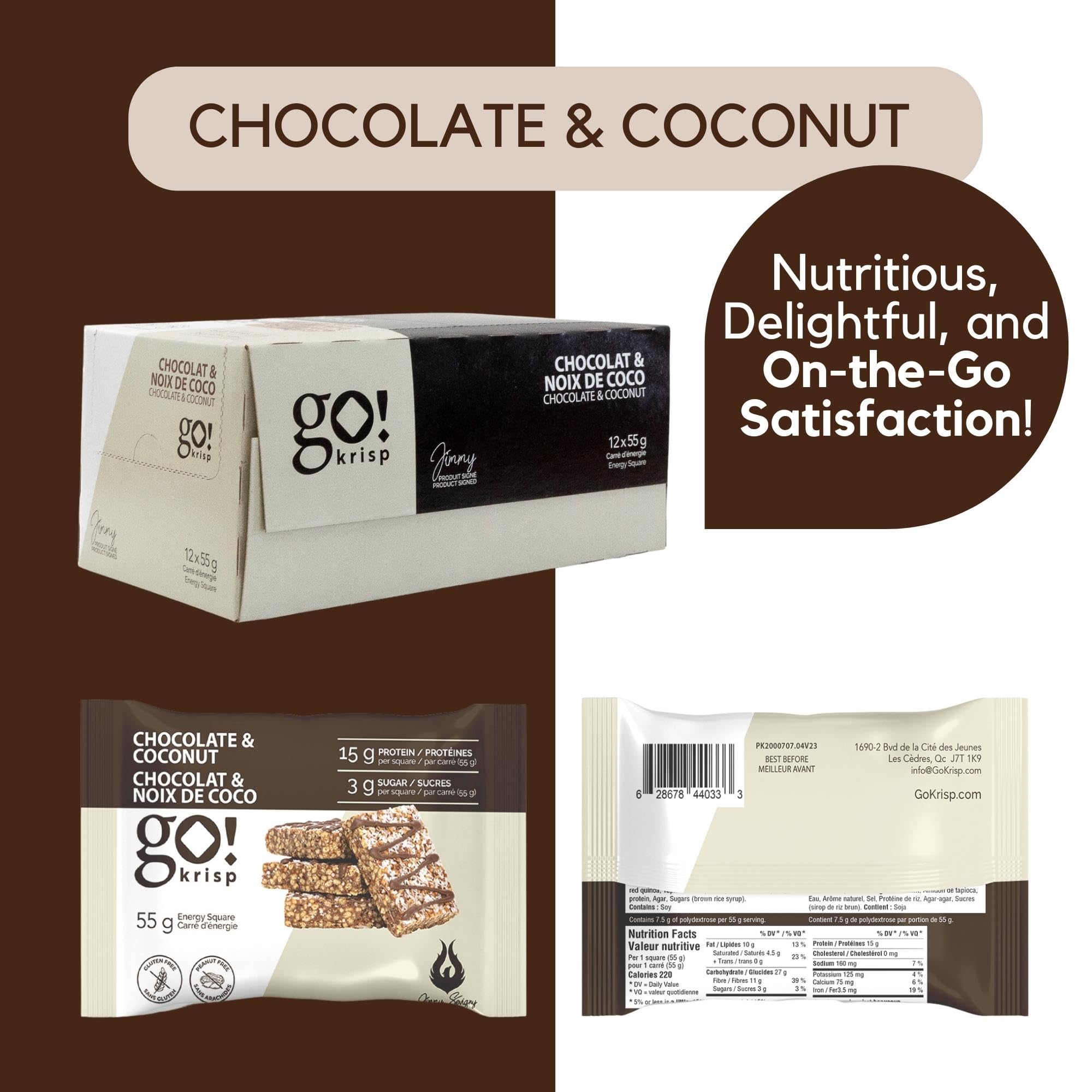 GoKrisp Energy Squares by Jimmy Sevigny - 12 Pack High Protein Pastry Snacks (15g Protein Each) | Delicious Chocolate Coconut Flavor | Nut-Free, Peanut-Free & Gluten-Free | Perfect for Gym, Hiking & On-the-Go Nutrition