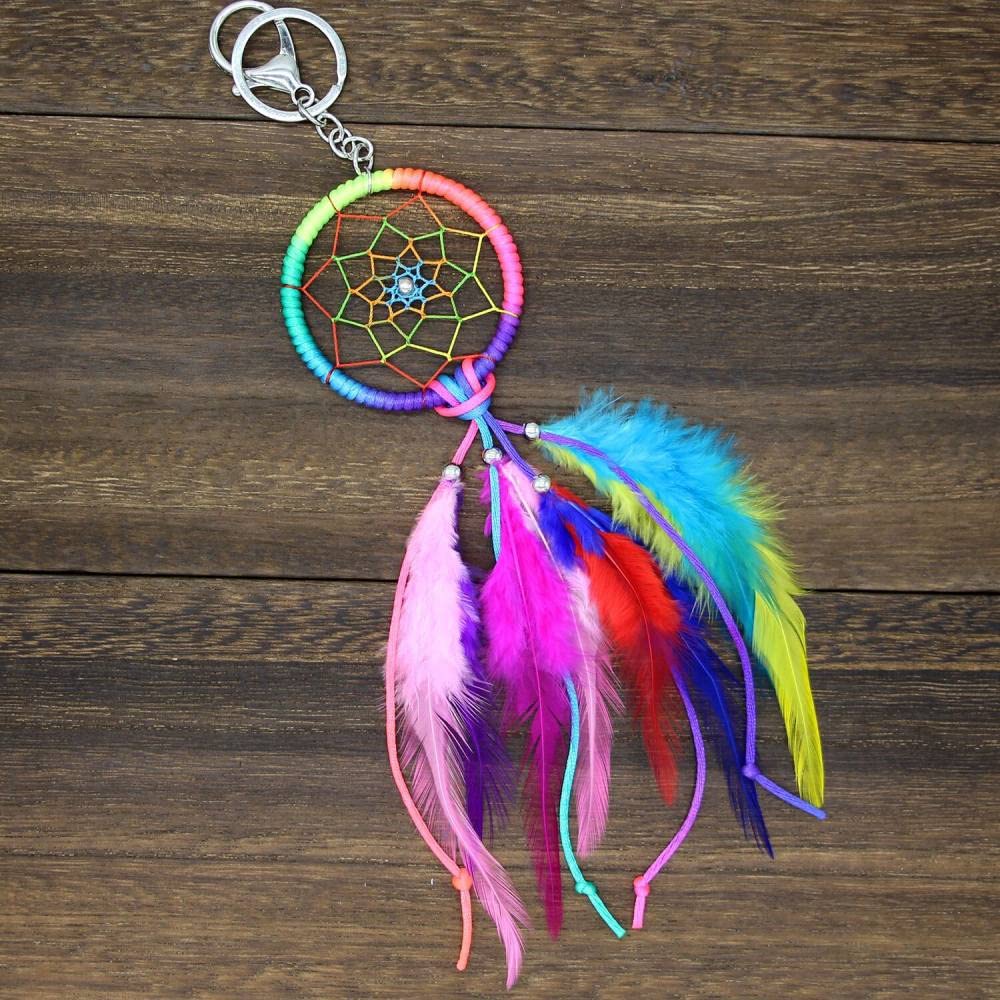 Boho Style Colorful Feather Keychain Handmade Woven Dreamcatcher Keyring - Women's Wallet, Bag & Car Key Accessories for Boho Lovers | Perfect for Gifts, Home Decor & Travel Accessories