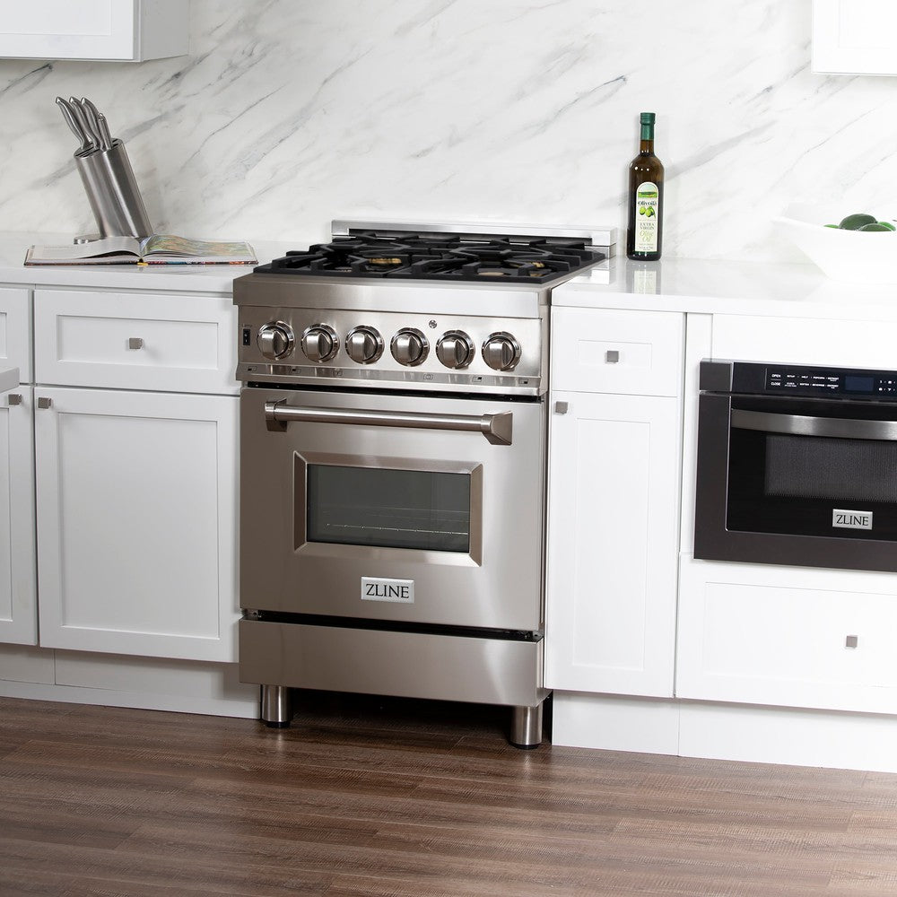 ZLINE 24-inch 2.8 cu. ft. Stainless Steel Dual Fuel Range - Gas Cooktop & Electric Convection Oven with 4 Brass Burners (RA BR 24) | Perfect for Modern Kitchens & Professional Cooking