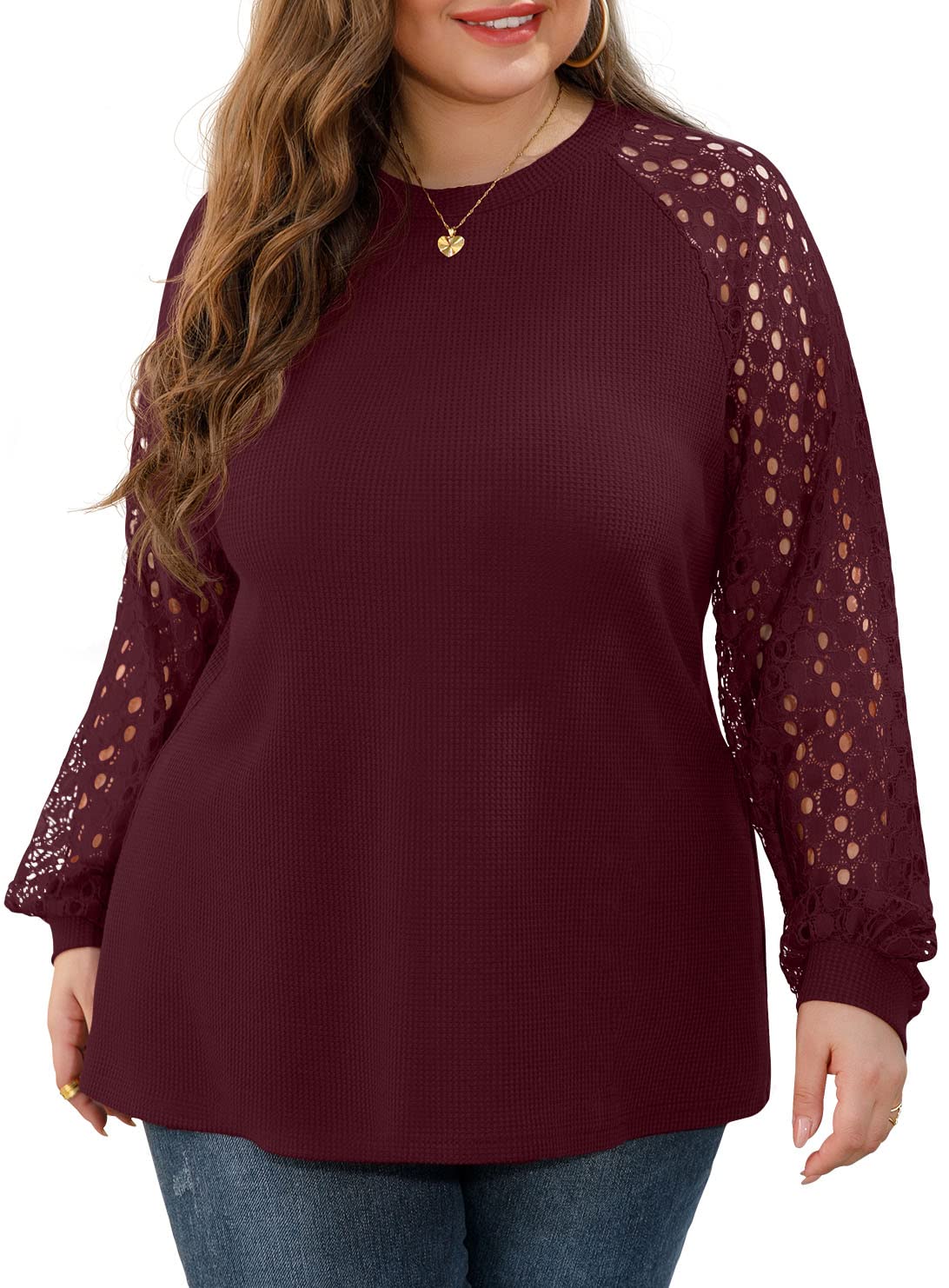 OLRIK Plus Size Women's Lace Sleeve Blouse - Waffle Knit Long & Short Sleeve Tops for Casual Wear & Office Outfits