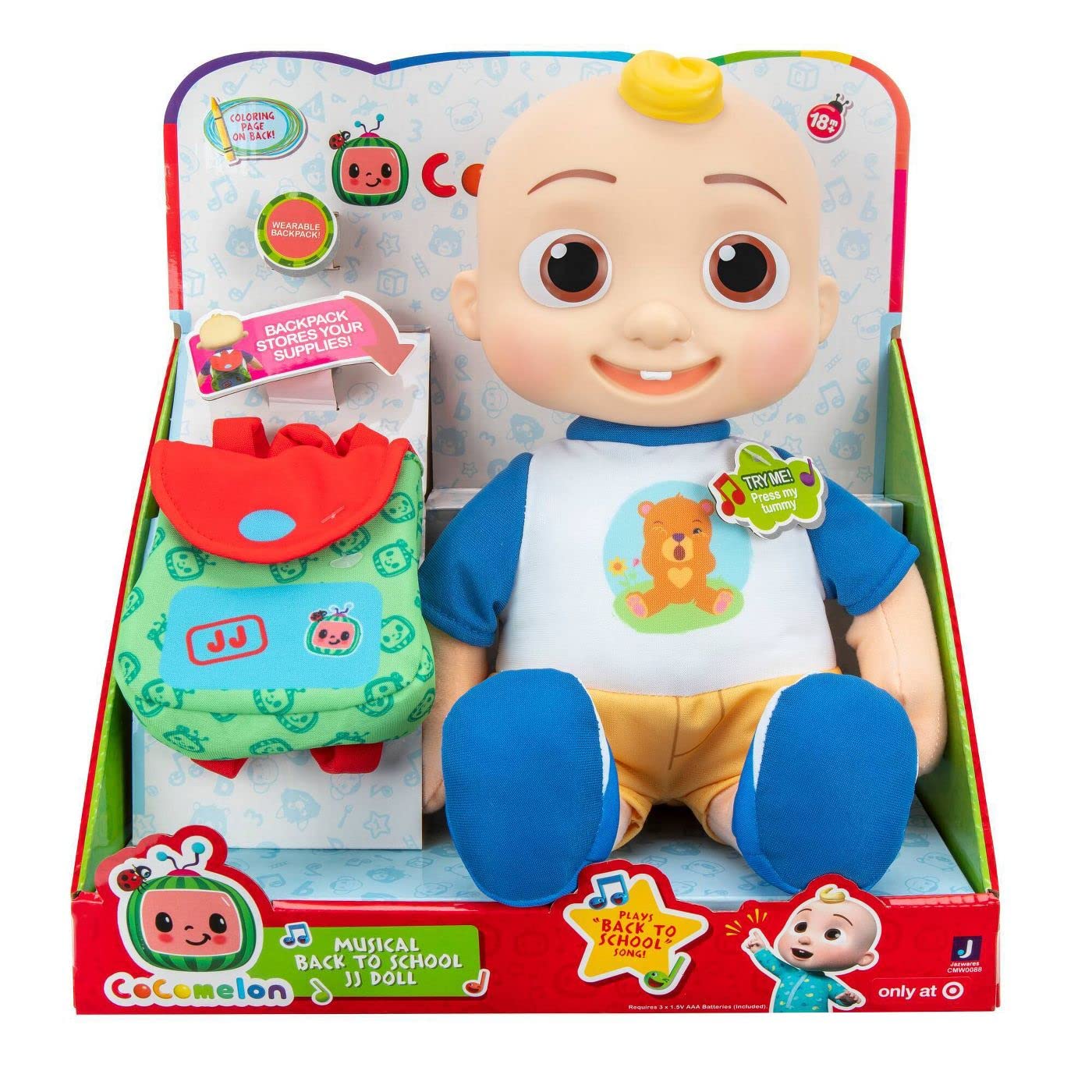 CoComelon JJ Musical Doll with Backpack - Interactive Singing Toy for Kids, Perfect for Back to School, Birthday Gifts & Pretend Play