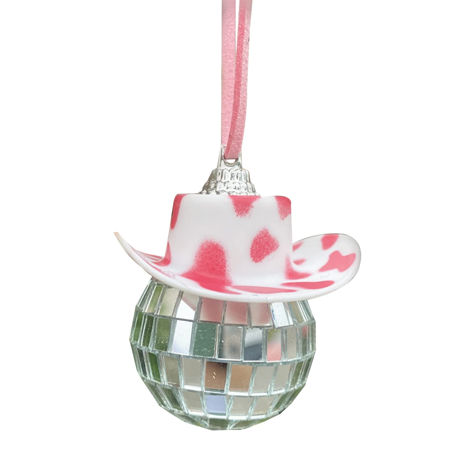 **Disco Ball Car Mirror Ornament - Pink Spot Cowboy Hat Car Charm, Hanging Accessory for Car Decor & Party Vibes | Perfect for Road Trips, Night Drives & Themed Parties**