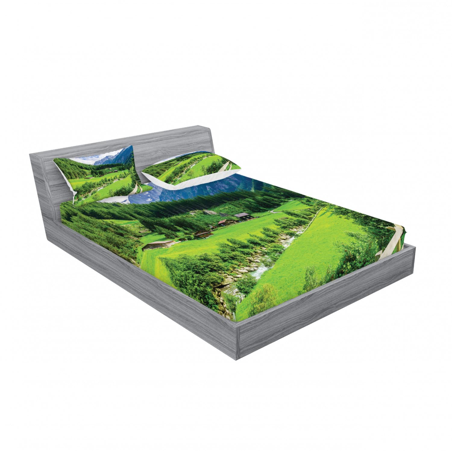 Ambesonne 2-Pack Queen Size Fitted Sheet Set with 4 Pillow Shams - Alpine Scenery Pastoral Design Green White Bedding Collection | Perfect for Guest Rooms, Vacation Homes & Cozy Cabin Retreats