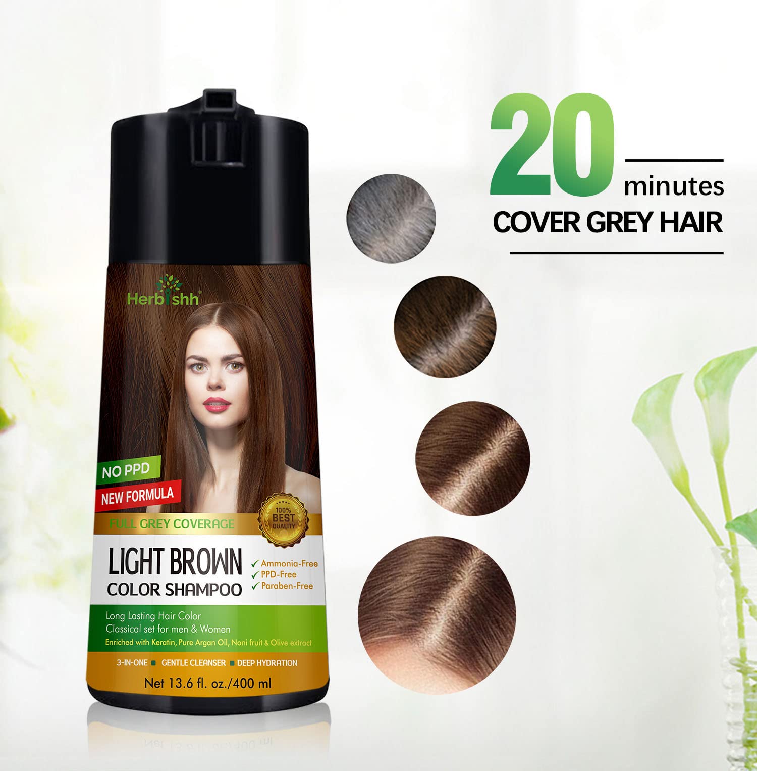 Herbishh Light Brown Hair Color Shampoo & Cream Set (400ml) - Natural Gray Coverage for Women & Men | At-Home Hair Coloring Solution for Salon-Quality Results