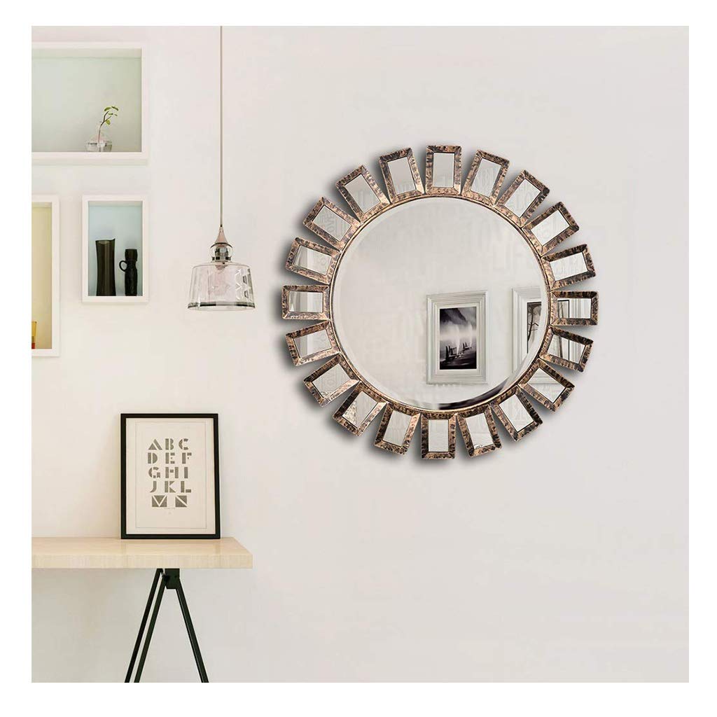 Nordic Round Wall Mirror with Iron Art Frame - Decorative Hanging Mirror for Living Room, Bedroom, Bathroom & Hallway | Makeup Vanity & Home Decor Accent | Perfect for Sun Modeling & Interior Design