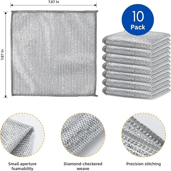 10 Pack SHAYONAM Non-Scratch Wire Dishcloths - Reusable Multipurpose Dishwashing Rags for Wet & Dry Cleaning - Easy Rinse Kitchen Cleaning Cloths for Sinks, Pots, Pans & Countertops - Perfect for Daily Dishwashing & Tough Stain Removal