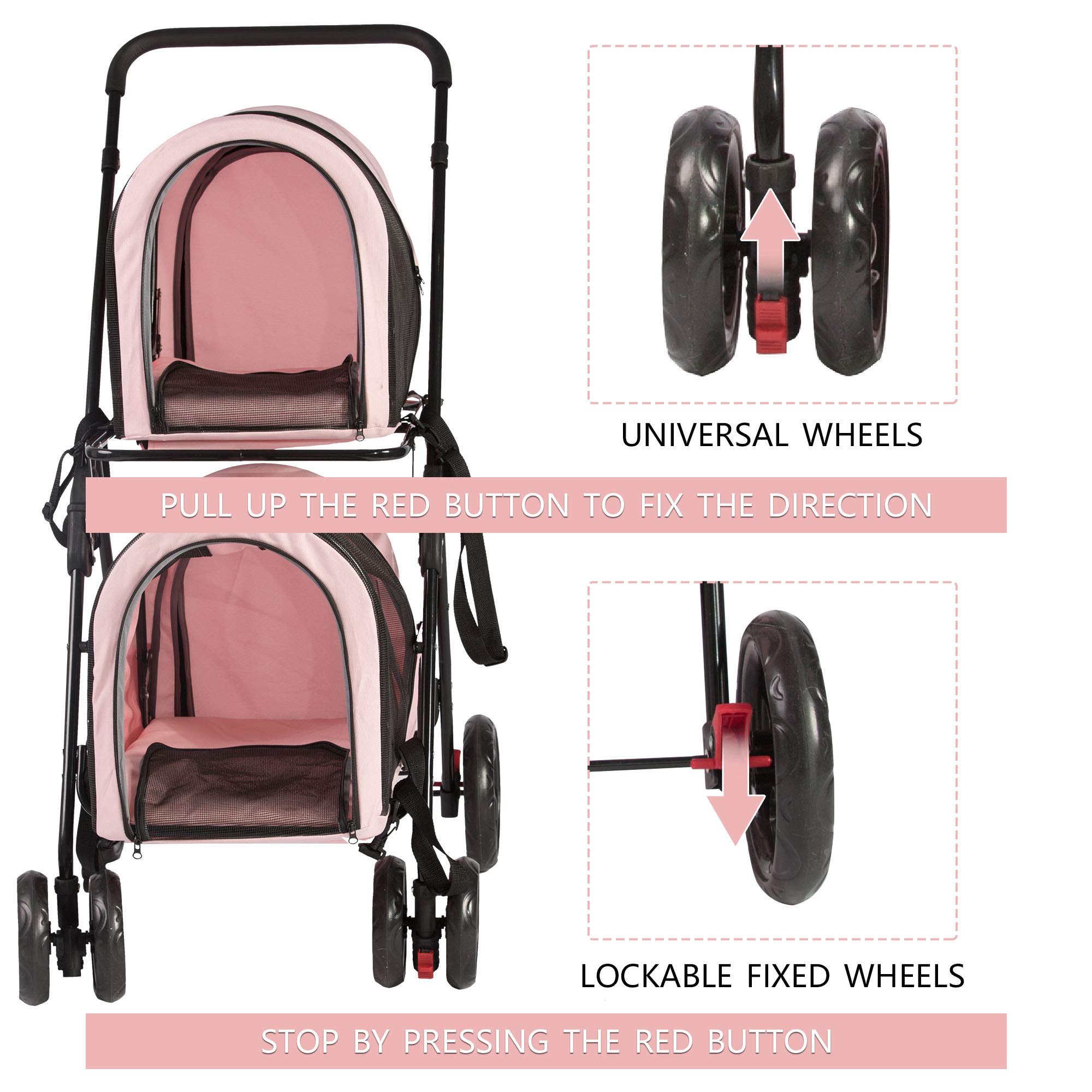 Double Pet Carrier with 2 Detachable Bags - Foldable Cat & Dog Stroller with Lockable Wheels & Safety Belt - Portable Travel Carrier for Small & Medium Pets (Pink) - Perfect for Vet Visits, Air Travel & Outdoor Adventures