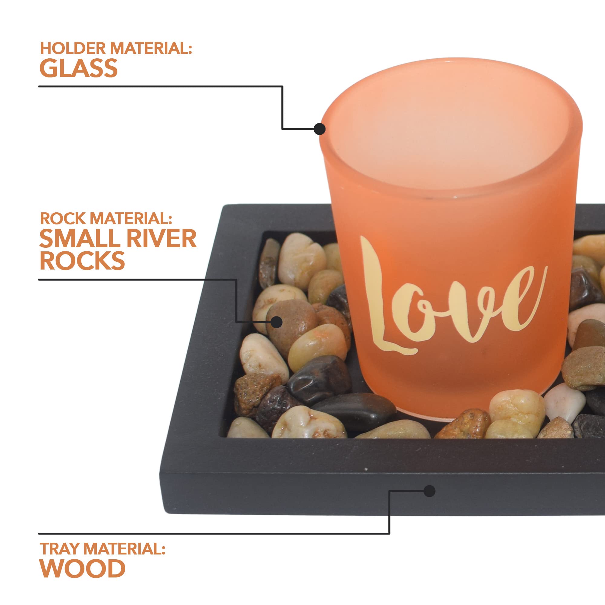 Exultimate Tealight Candle Holders Set - Elegant Mahogany Tray with River Rocks for Home Decor, Wedding Centerpieces & Romantic Ambiance