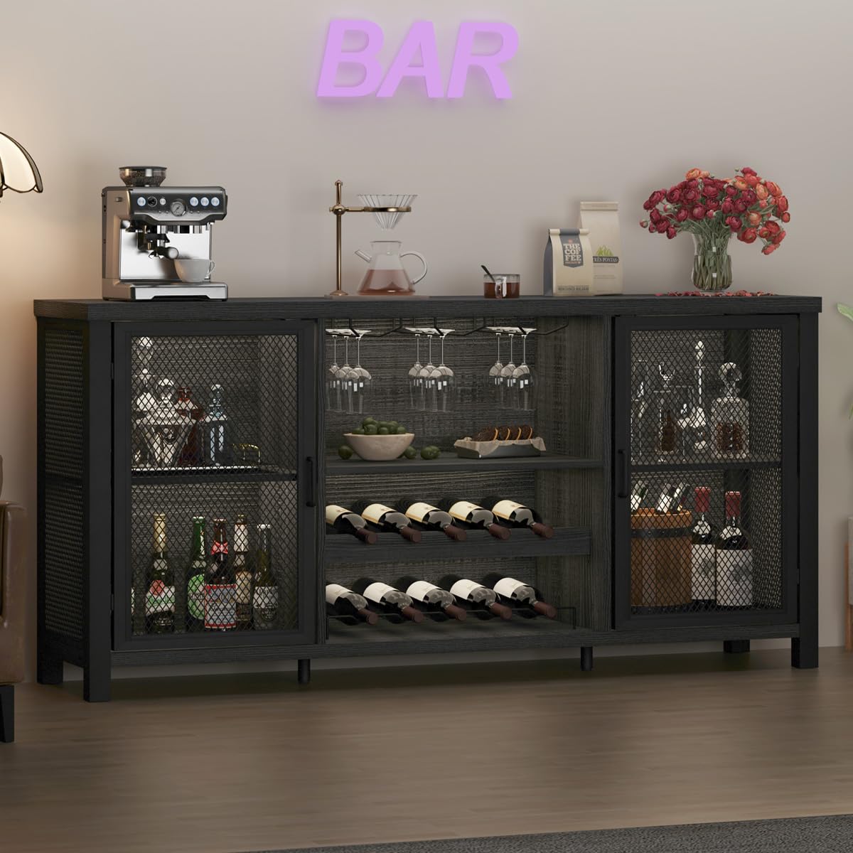 Industrial Wine Bar Cabinet - Rustic Sideboard Buffet with Storage for Liquor, Glasses & Coffee Bar | Dark Grey Oak 55