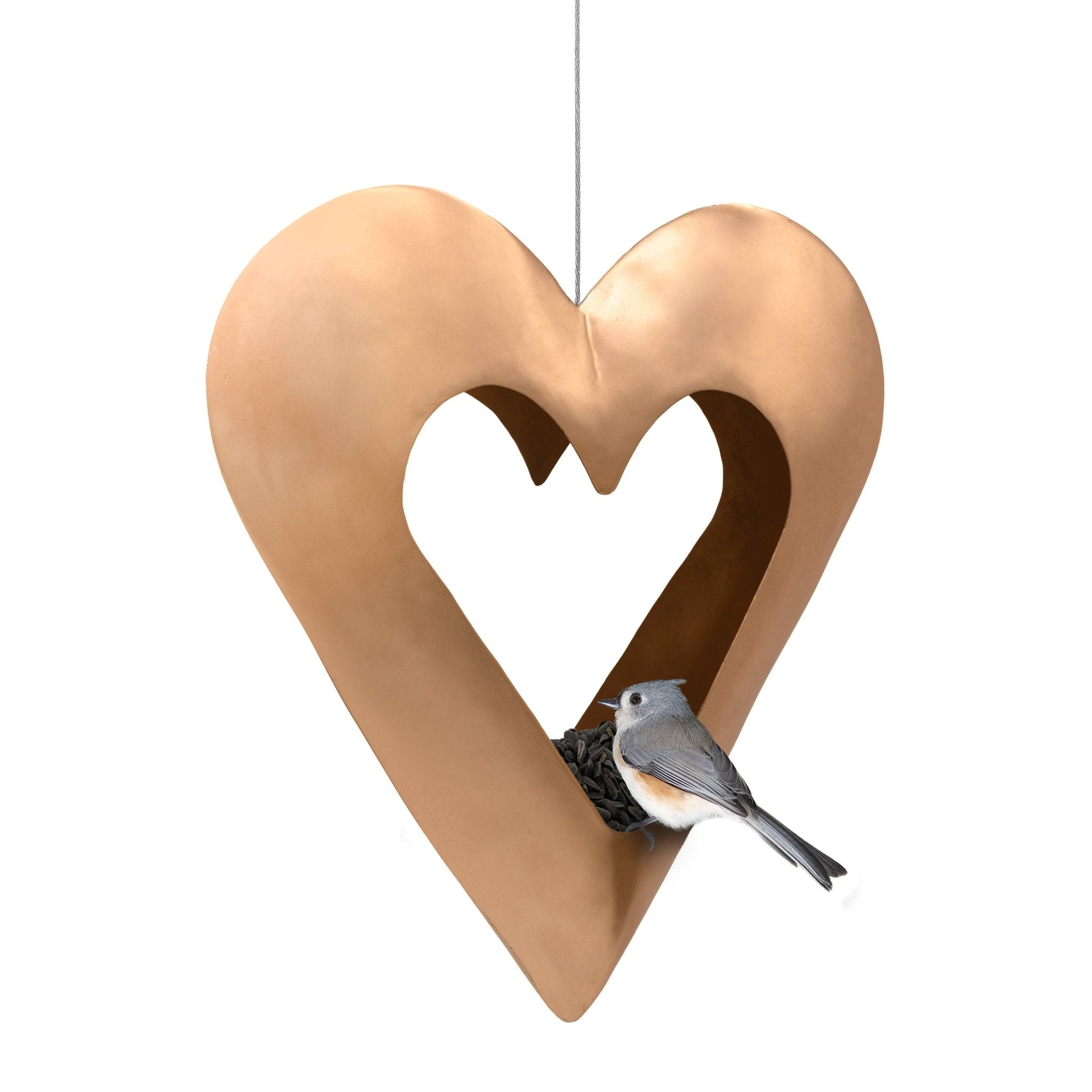 Fly Thru™ Copper Heart Bird Feeder - Elegant Outdoor Garden Decor for Attracting Wild Birds - Perfect for Backyards, Patios, and Nature Lovers