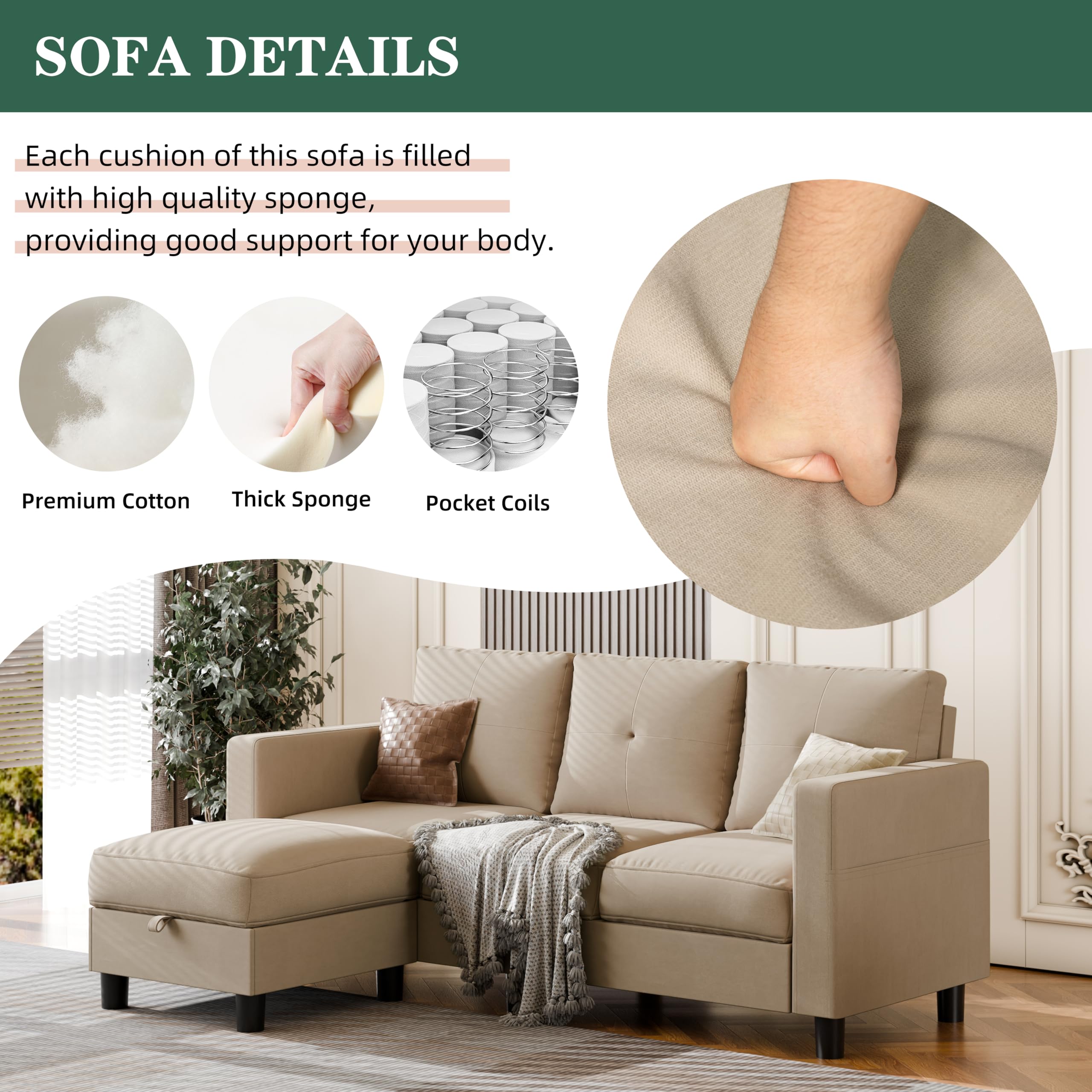 JAMFLY L-Shaped Sectional Sofa with Ottoman & Storage - Convertible Small Space Couch for Living Room, Dark Beige | Perfect for Apartments, Dorms & Cozy Home Decor
