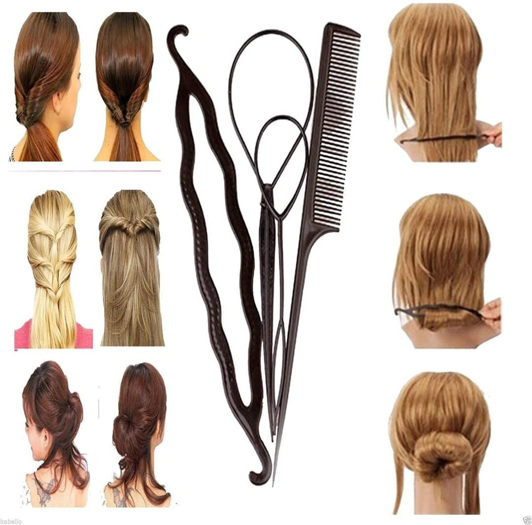 CRITEX MART 4-Piece Hair Styling Kit - Topsy Tail, Hair Pull Dish, Needle Bun Donut, Twist Braid & Ponytail Maker Tools for DIY Hairstyles | Perfect for Salon, Home Use & Travel Accessories