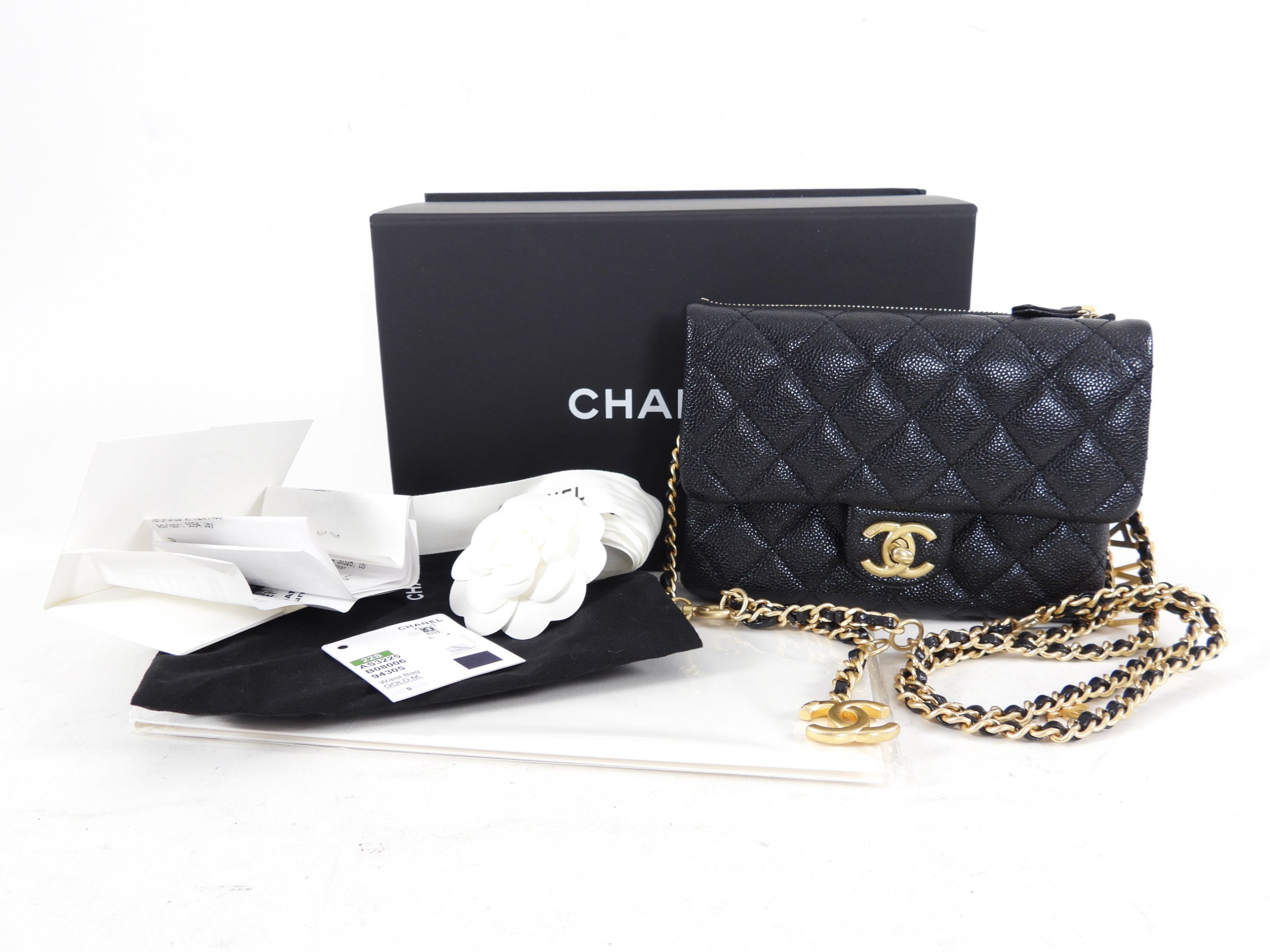 Chanel 22S Black Caviar Gold Logo Chain Belt Bag - Luxury Crossbody Purse for Women, Perfect for Date Night & Evening Events