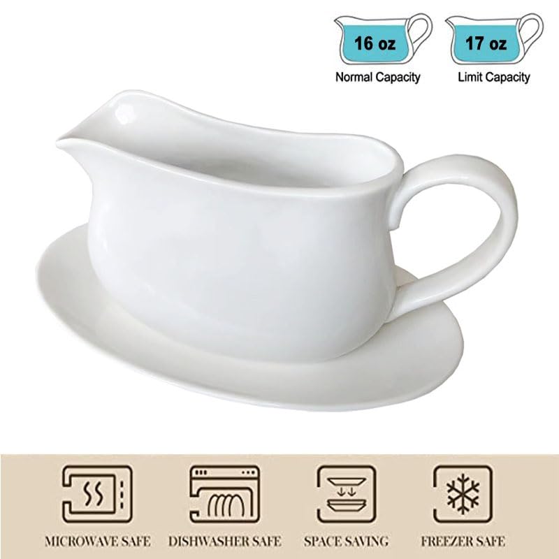 Qlans 17 Oz White Porcelain Gravy Boat with Dripless Spout - Large Sauce Pourer for Gravy, Salad Dressing, Milk - Microwave & Freezer Safe - Perfect for Thanksgiving Dinner, Buffet Serving, and Family Gatherings