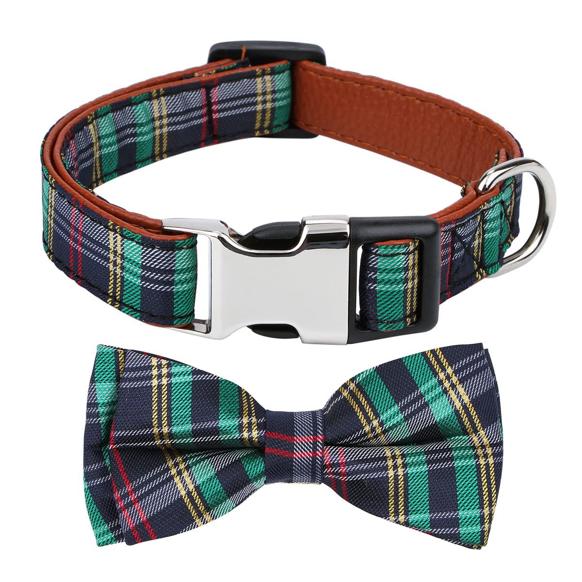 Rhea Rose Dog Collar with Adjustable Bow Tie - Tartan Green Plaid Pattern, Medium Size for Small to Medium Dogs - Perfect for Daily Walks, Pet Photos & Special Occasions