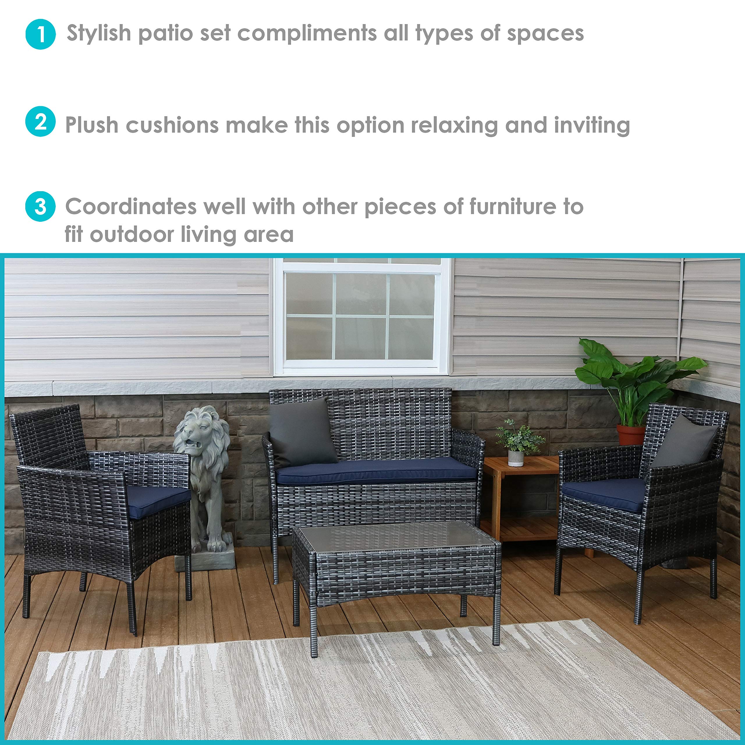 Outdoor Patio Furniture Set - 4-Piece Gray Wicker Conversation Set with 1 Loveseat, 2 Chairs & Coffee Table - Navy Blue Cushions - Perfect for Backyard, Garden, Poolside & Deck Relaxation