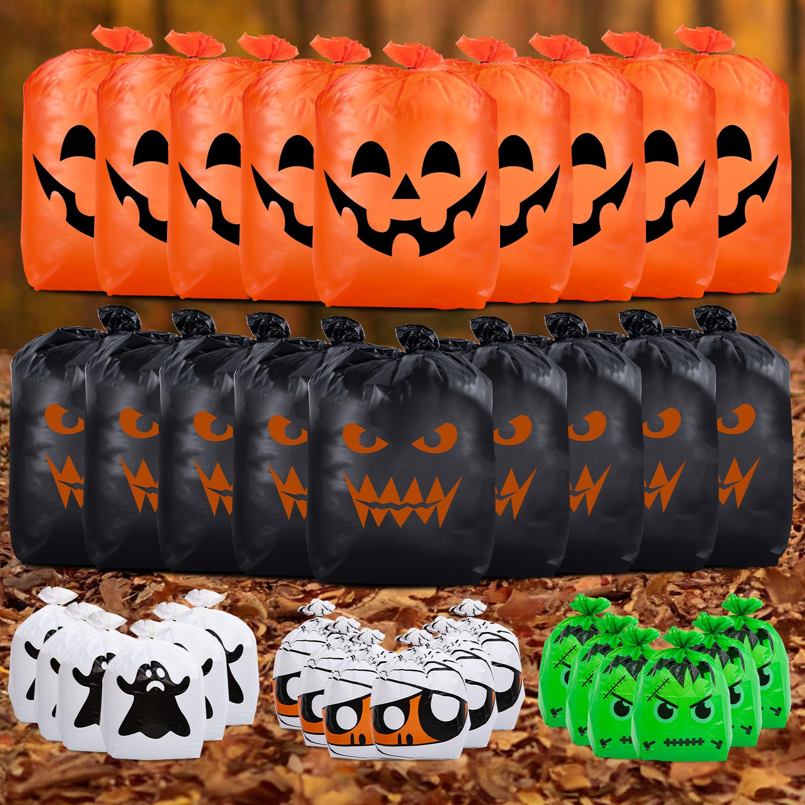 CHANGE MOORE 36-Pack Halloween Leaf Lawn Bags - 5 Spooky Designs with Twist Ties | Pumpkin Decorations & Outdoor Fall Yard Trash Bags for Garden, Lawn, and Halloween Party Decorations