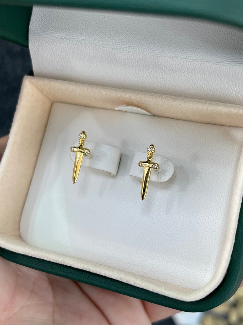 0.10 Carats 14K Gold Natural Diamond Dagger Tattoo Stud Earrings for Women - Trendy Punk Jewelry Gift for Birthday, Party & Gothic Fashion Accessories