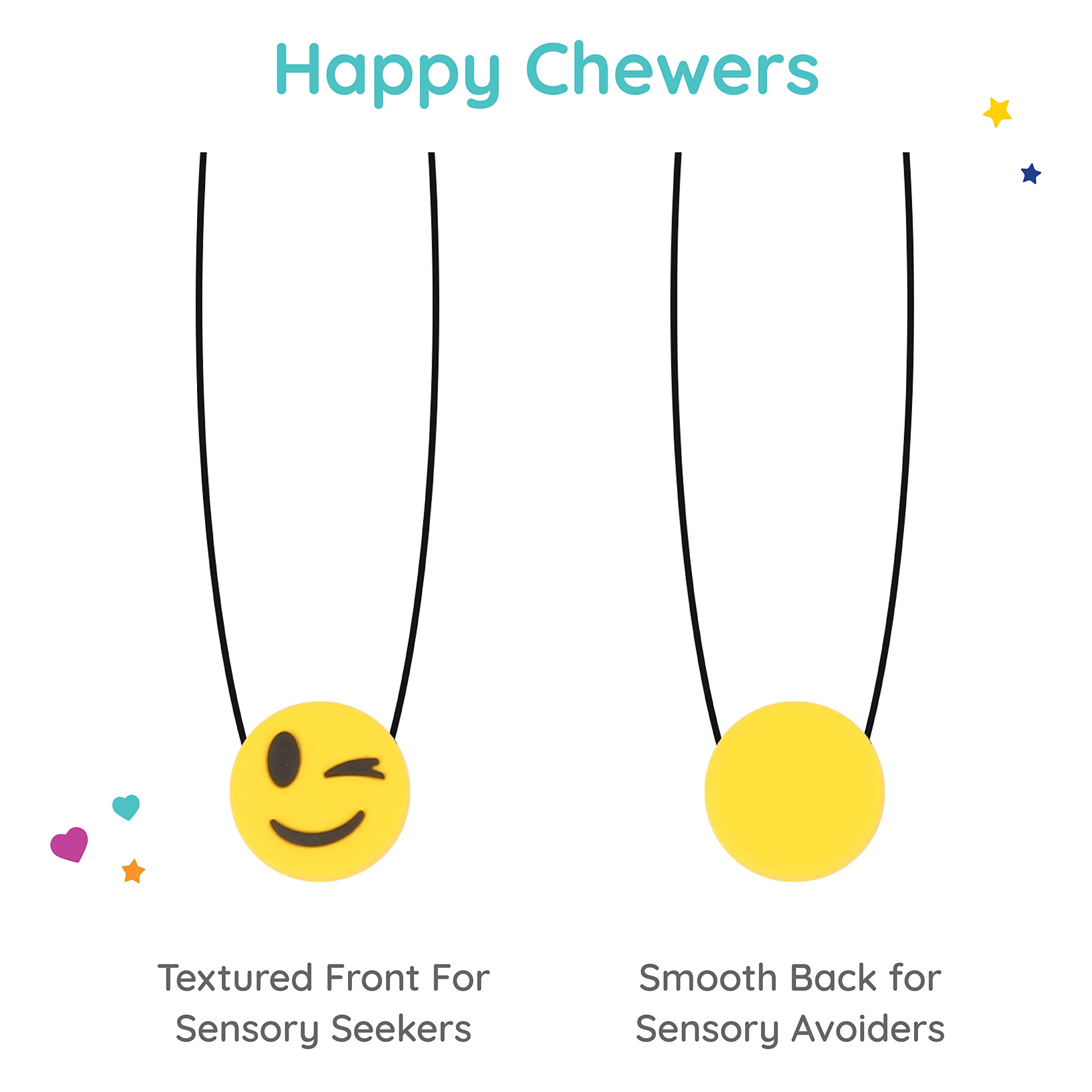 Fun & Functional Winking Emoji Chew Necklace for Kids - 2 Pack Sensory Chew Necklaces for Anxiety Relief & Oral Motor Stimulation - Textured Chewing Jewelry for Special Needs Children Ages 3+ - Perfect for School, Travel & Sensory Play