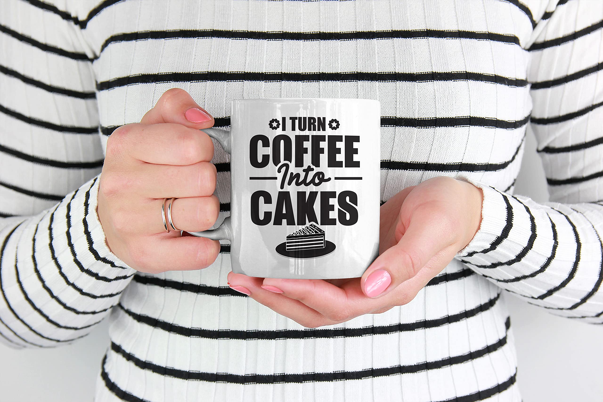 White Ceramic Coffee & Tea Mug for Bakers - 11oz I Turn Coffee into Cakes Funny Baking Gift - Perfect for Home, Office & Coffee Shops