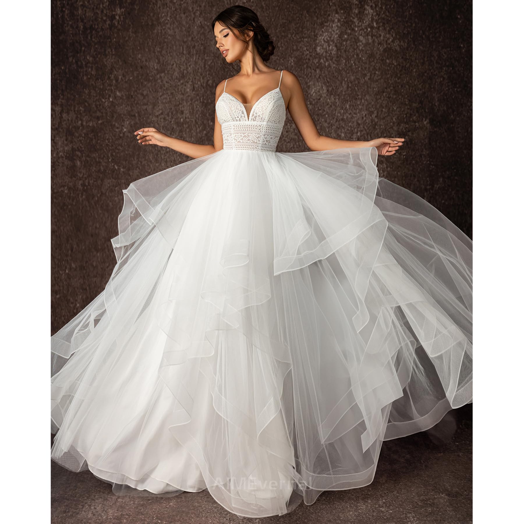 Boho Tiered Tulle Wedding Dress for Women - V Neck Slip Dress with Adjustable Straps | Sexy Beach Bridal Gown for Destination Weddings & Outdoor Ceremonies