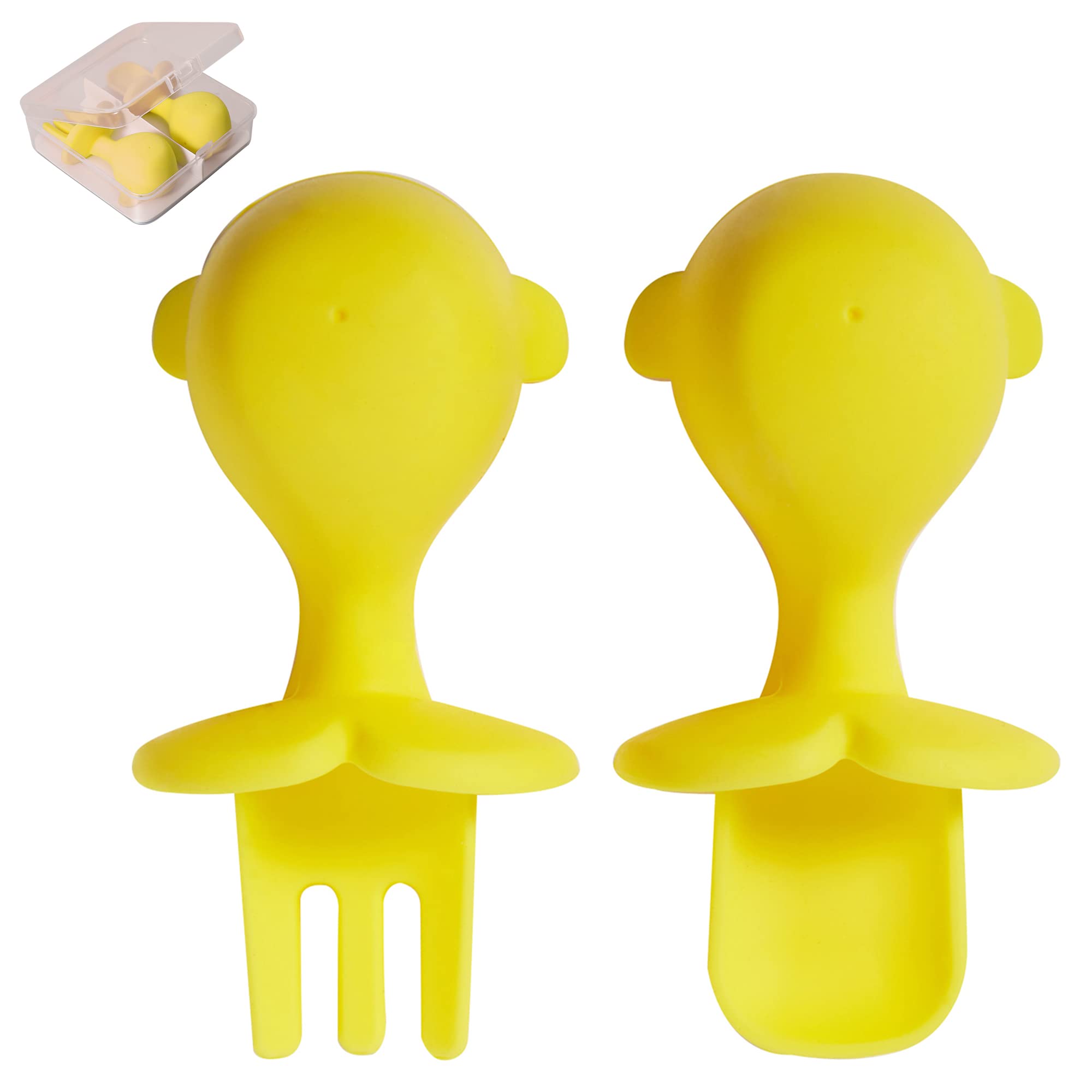 BPA-Free Silicone Baby Utensil Set - Soft Toddler Fork & Spoon for Self Feeding, First Stage Feeding for Infants 4+ Months (Yellow) - Perfect for Baby-Led Weaning, Travel & Mess-Free Mealtime