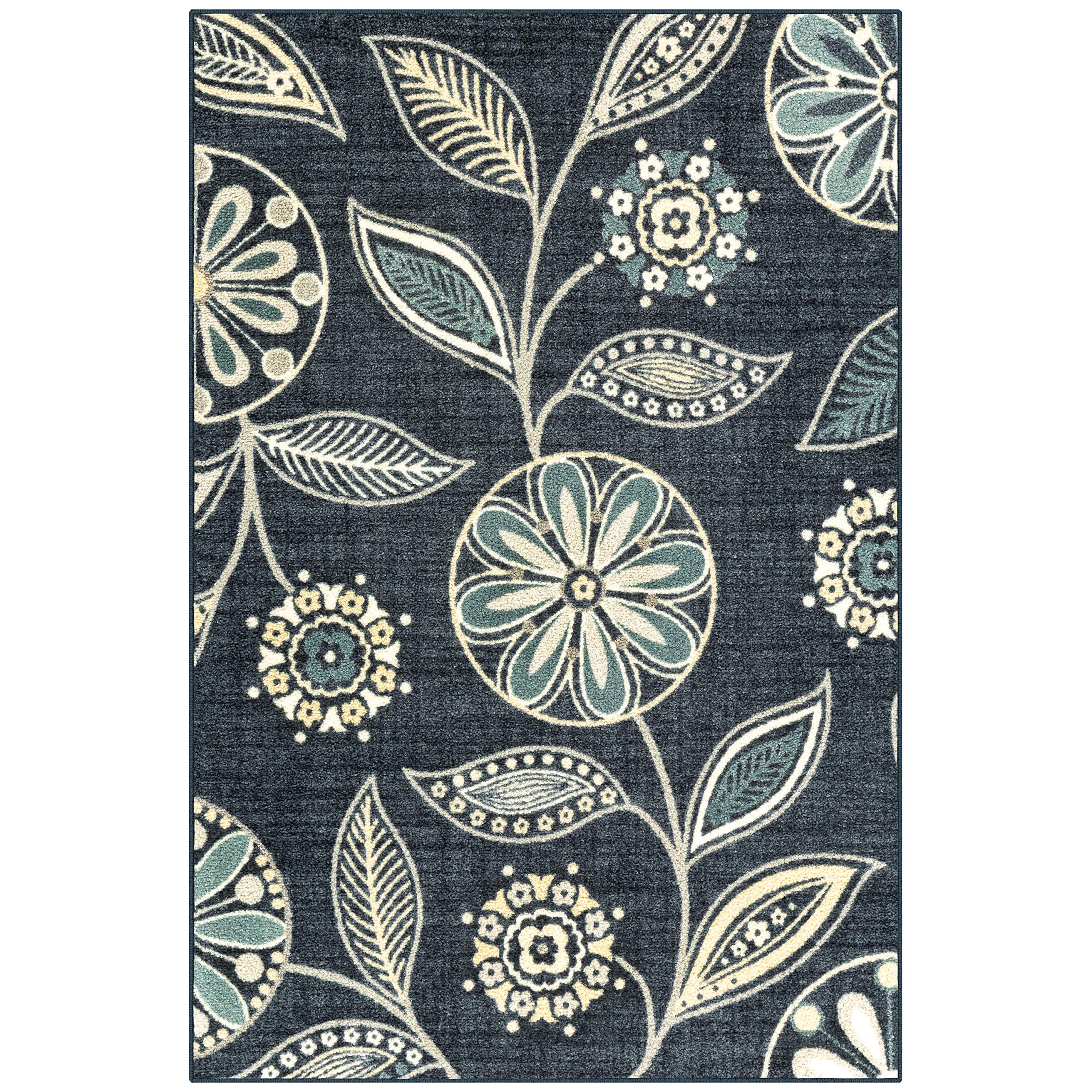 Maples Rugs Reggie Floral Area Rug - Handmade in USA - Washable Non-Slip Pet-Friendly Persian Blue Rug 3'4