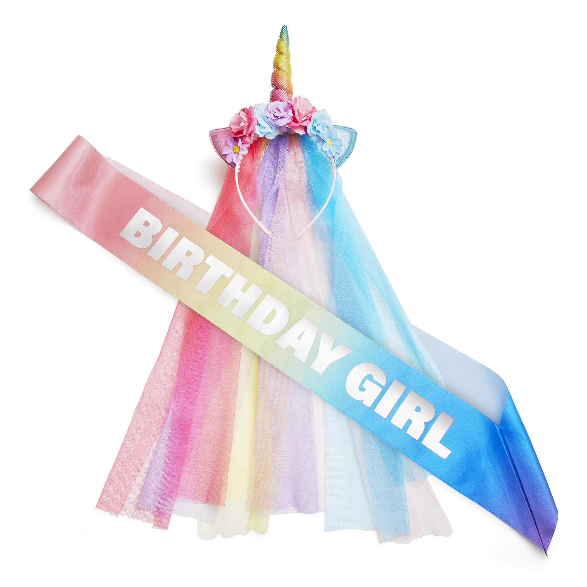 Magical Unicorn Birthday Decorations Set for Girls - Glitter Sash & Sparkly Horn Headband - Perfect for Birthday Parties, Photo Booths & Themed Celebrations