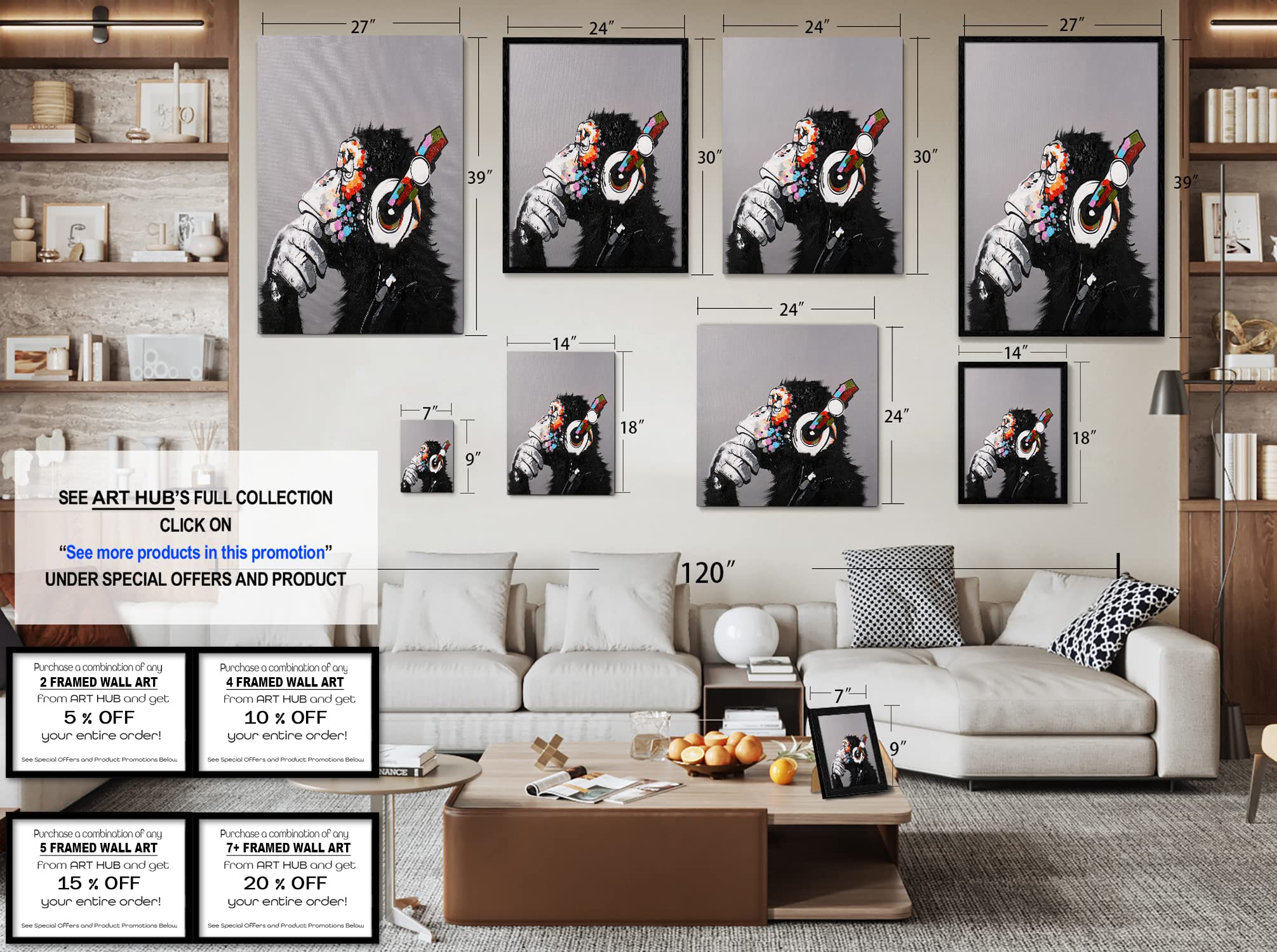Modern Pop Art Framed Canvas Print - Thinking Monkey With Headphones Wall Decor for Living Room, Bedroom & Office - 7x9 Inches Gallery Wrapped Artwork - Perfect Gift for Music Lovers & Art Enthusiasts