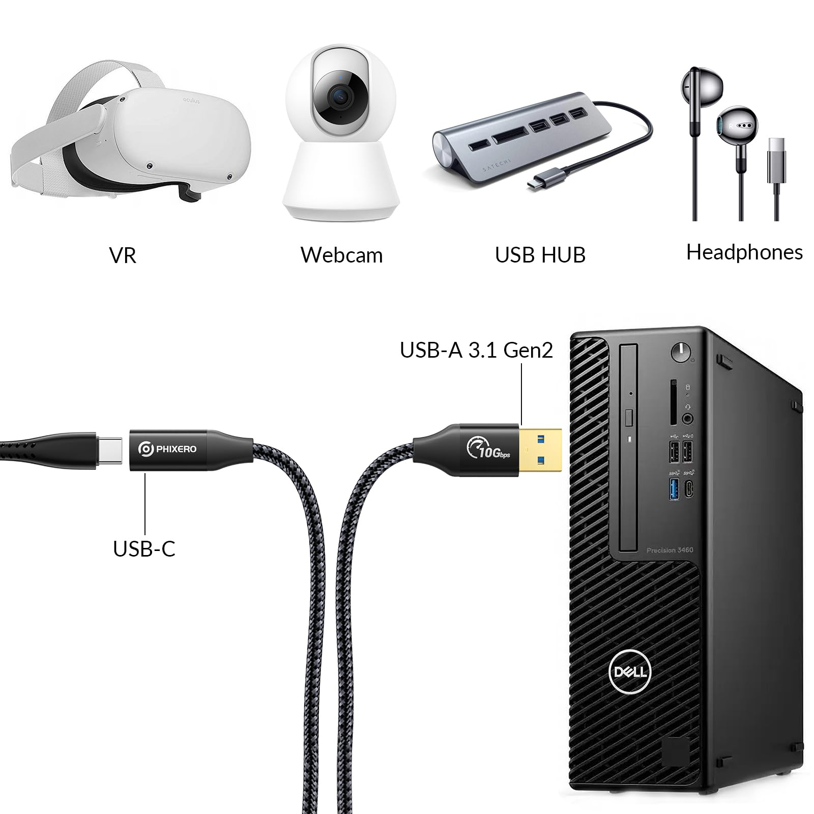 PHIXERO 10Gbps USB C Female to USB A Male Adapter (1ft) - USB 3.1 Gen 2 Fast Charging & Data Transfer Cable for Laptop, PC, Flash Drive, Oculus Quest Link - Perfect for High-Speed File Transfer & Device Charging