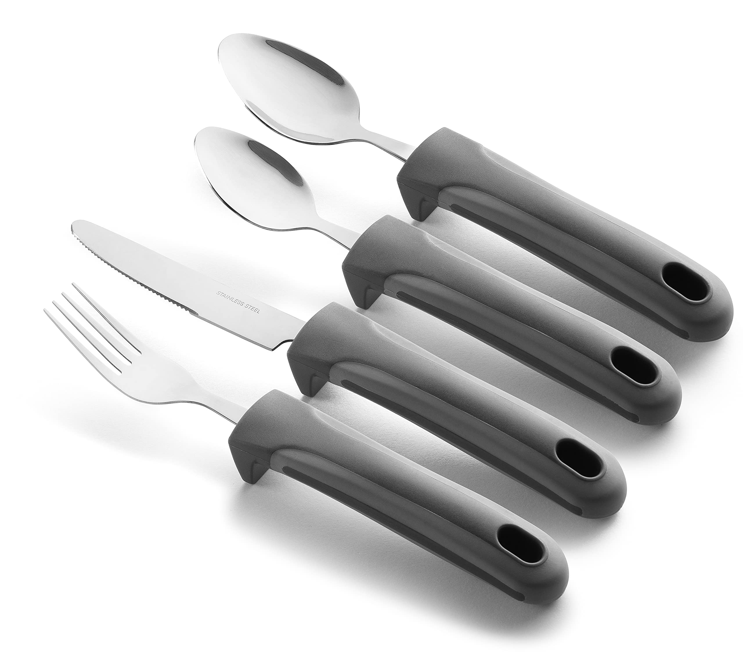 Special Supplies Adaptive Utensils Set for Hand Tremors & Arthritis - 4-Piece Kitchen Tools with Non-Slip Handles (Stainless Steel Knife, Fork, Spoons) - Ideal for Parkinson’s, Elderly & Disabled Users - Gray Striped Design for Easy Grip & Comfortable Dining