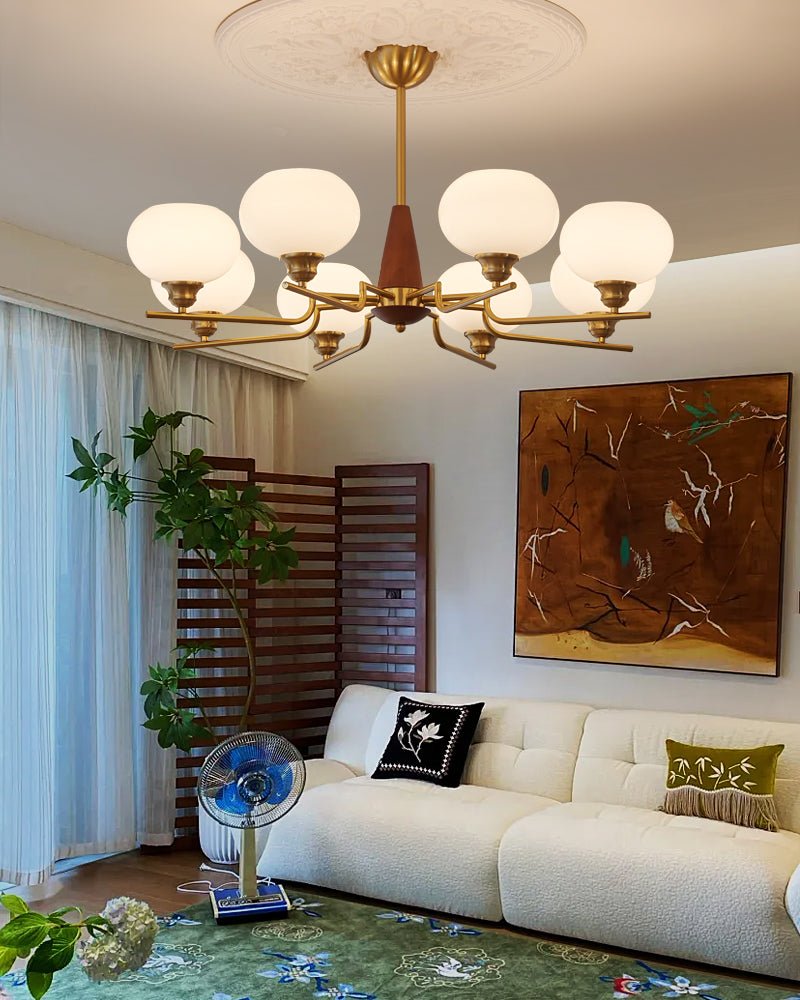 Celeste Sphere Walnut Wood Chandelier - Modern Handcrafted Lighting Fixture for Dining Room, Living Room & Bedroom Decor
