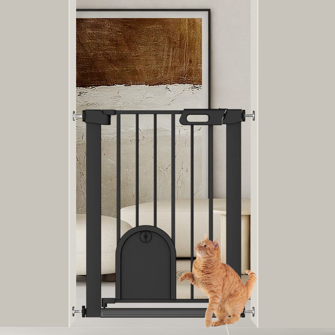 **24-26.5 Inch Adjustable Baby & Pet Gate with Cat Door - Pressure Mounted No-Drill Safety Gate for Stairs & Doorways (Black) - Perfect for Homes with Kids, Dogs & Cats**