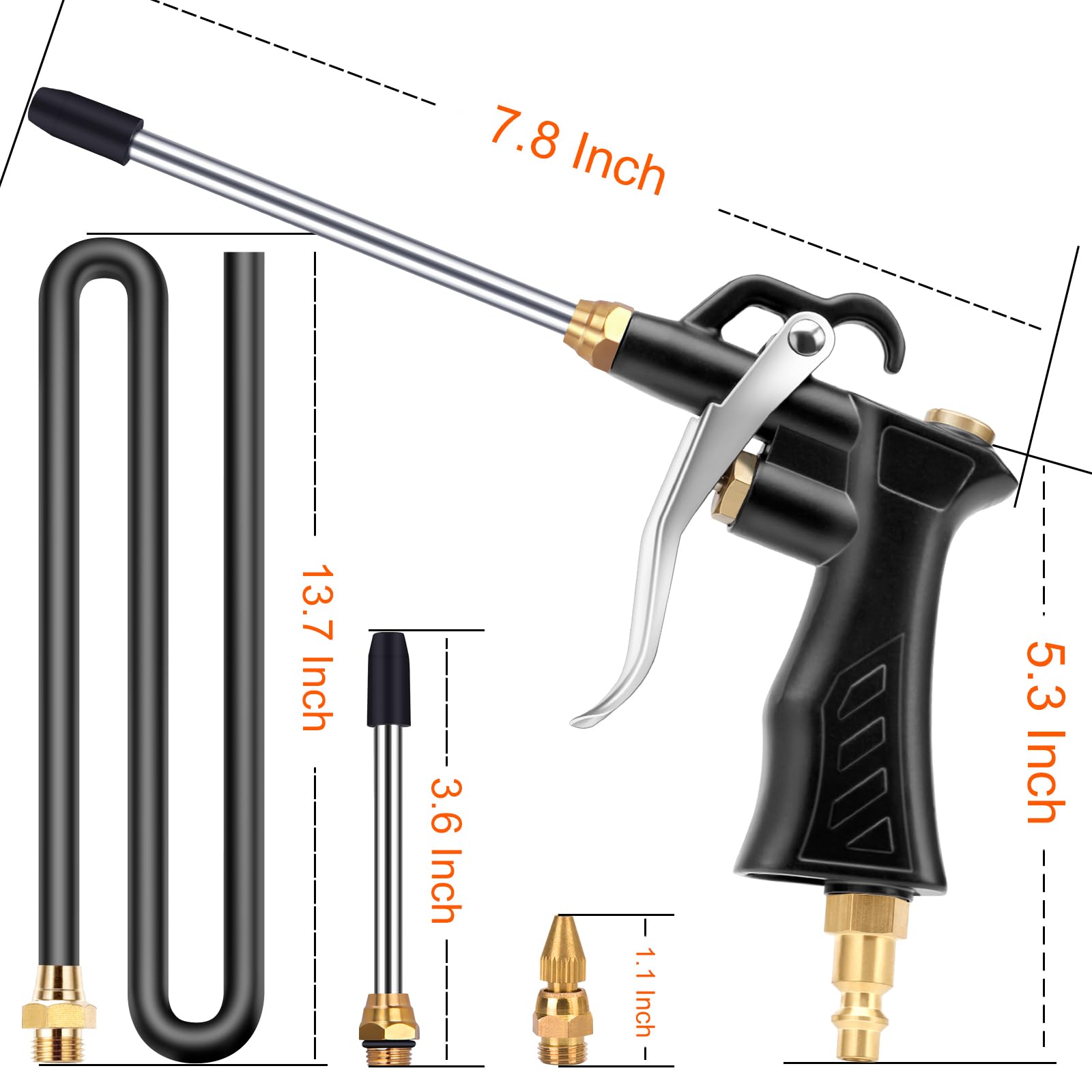 Heavy Duty Brass Industrial Air Blower with Adjustable Nozzle - Universal Blow Hose & Steel Extension Kit for Air Compressor | Perfect for Dusting, Workshop Cleaning, and Industrial Maintenance