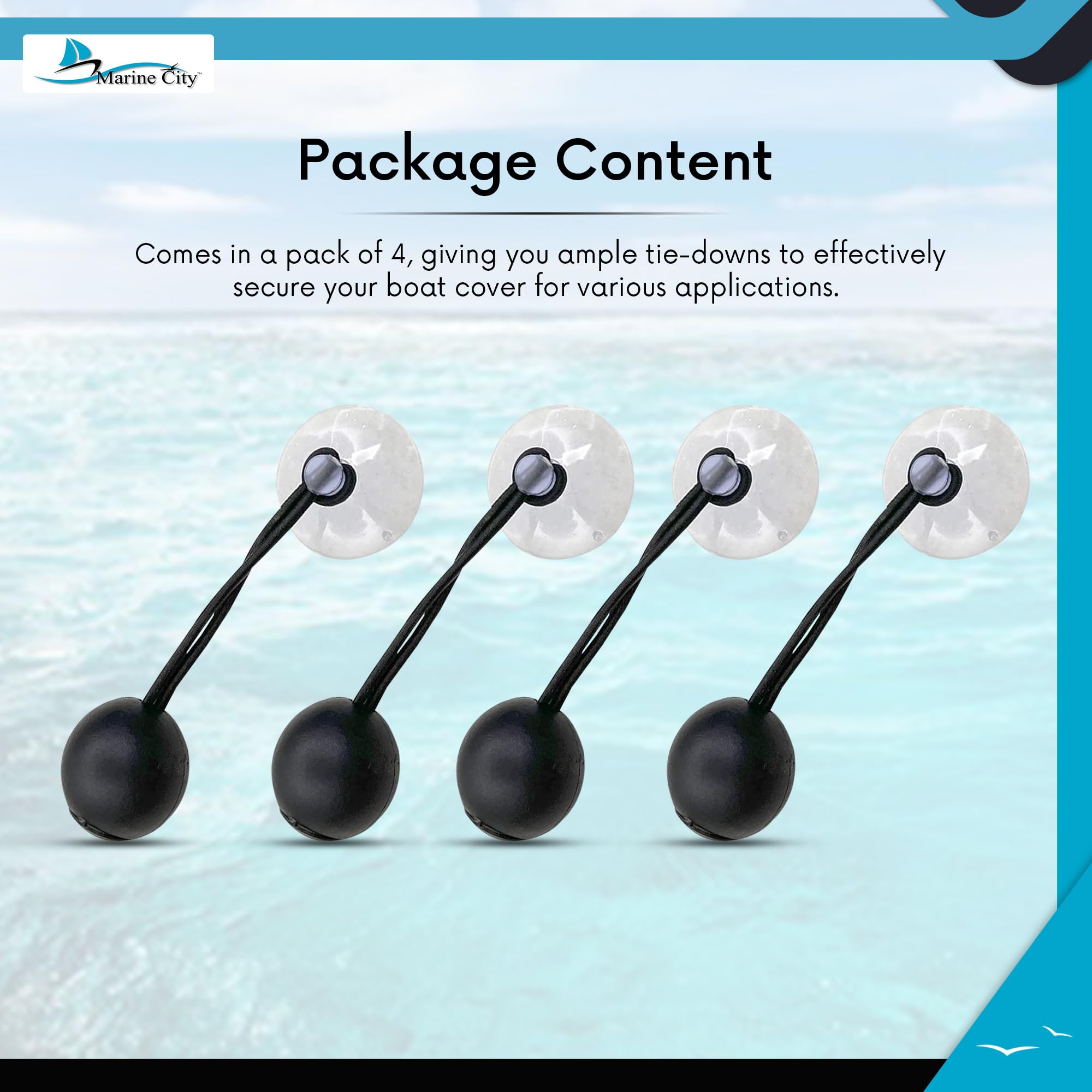 MARINE CITY Heavy Duty Bungee Cord with Suction Cups - 1.38 Inch Boat Cover Tie Downs (4 Pack) - Secure Boat Covers, Trailers & Storage - Perfect for Marine, RV & Outdoor Equipment Protection
