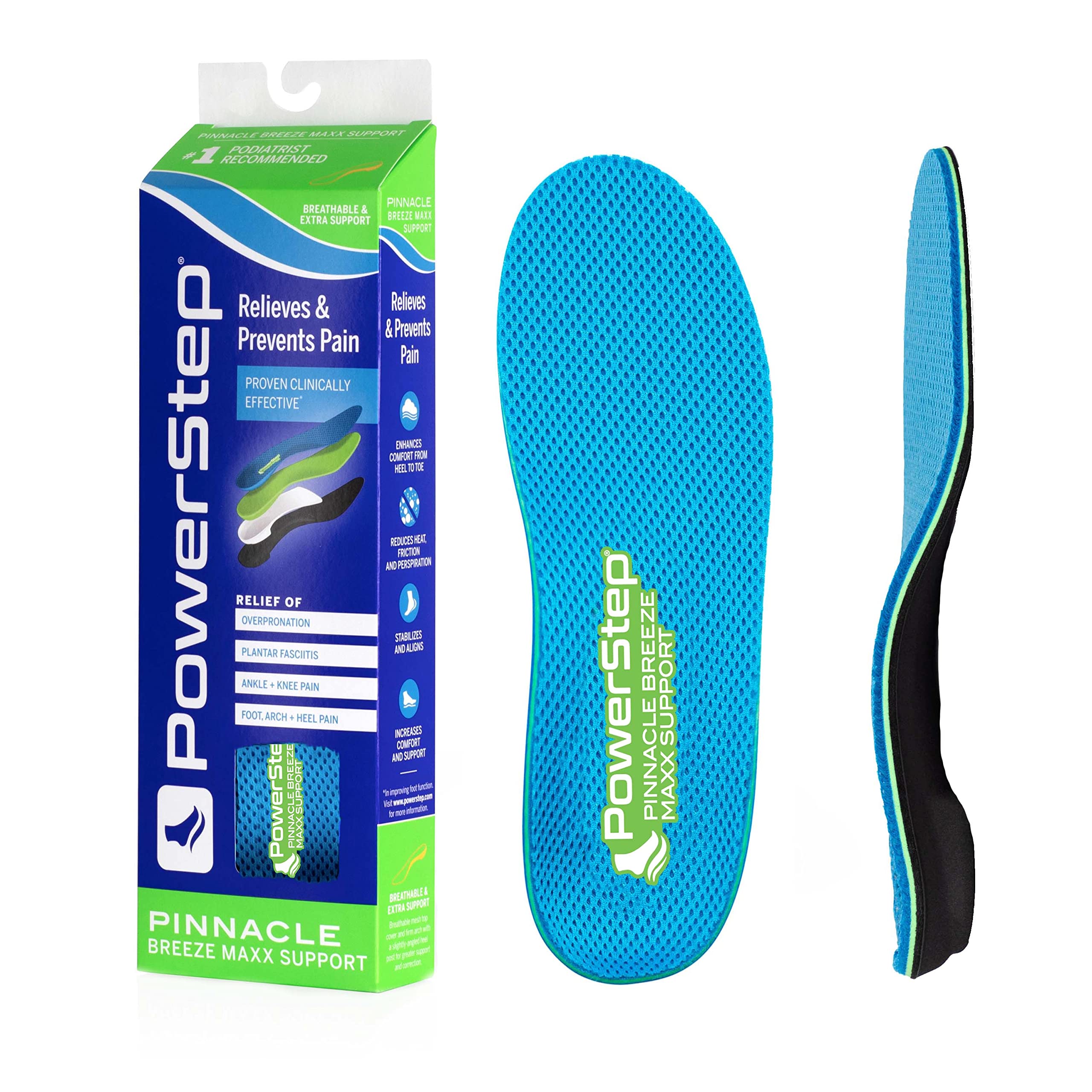 Powerstep Pinnacle Breeze Maxx Orthotic Insoles - Arch Support for Over Pronation, Breathable Fabric for Men & Women - Perfect for Running, Walking & All-Day Comfort