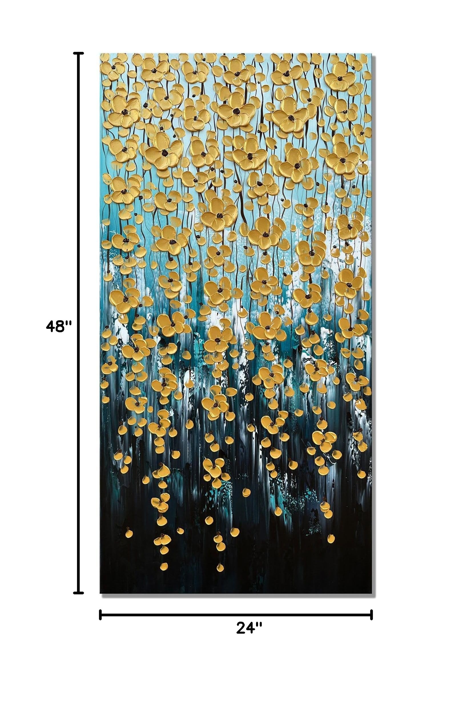Zoinart 3D Modern Oil Painting on Canvas 24x48 Inches - Hand Painted Abstract Gold Floral Artwork with Texture - Vertical Contemporary Wall Art for Living Room, Bedroom & Office Decor