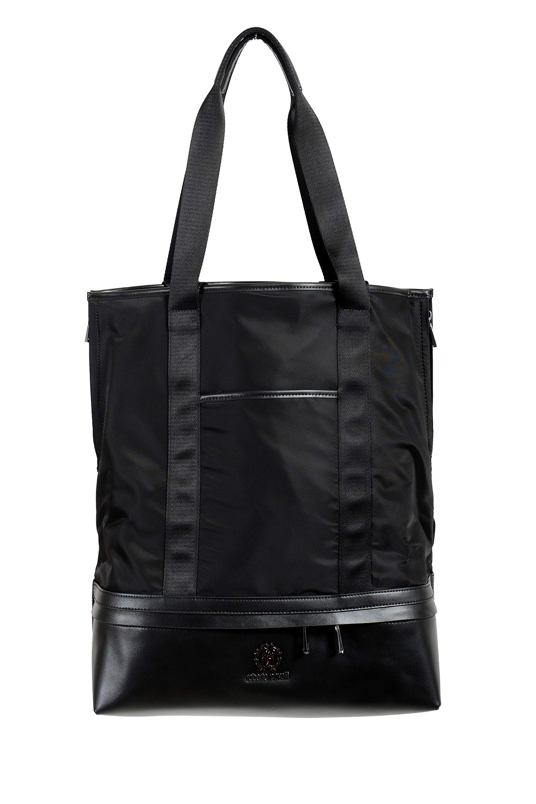 Roberto Cavalli Unisex Black Leather Trimmed Shoulder Handbag Tote Bag - Stylish & Durable for Work, Travel & Everyday Use