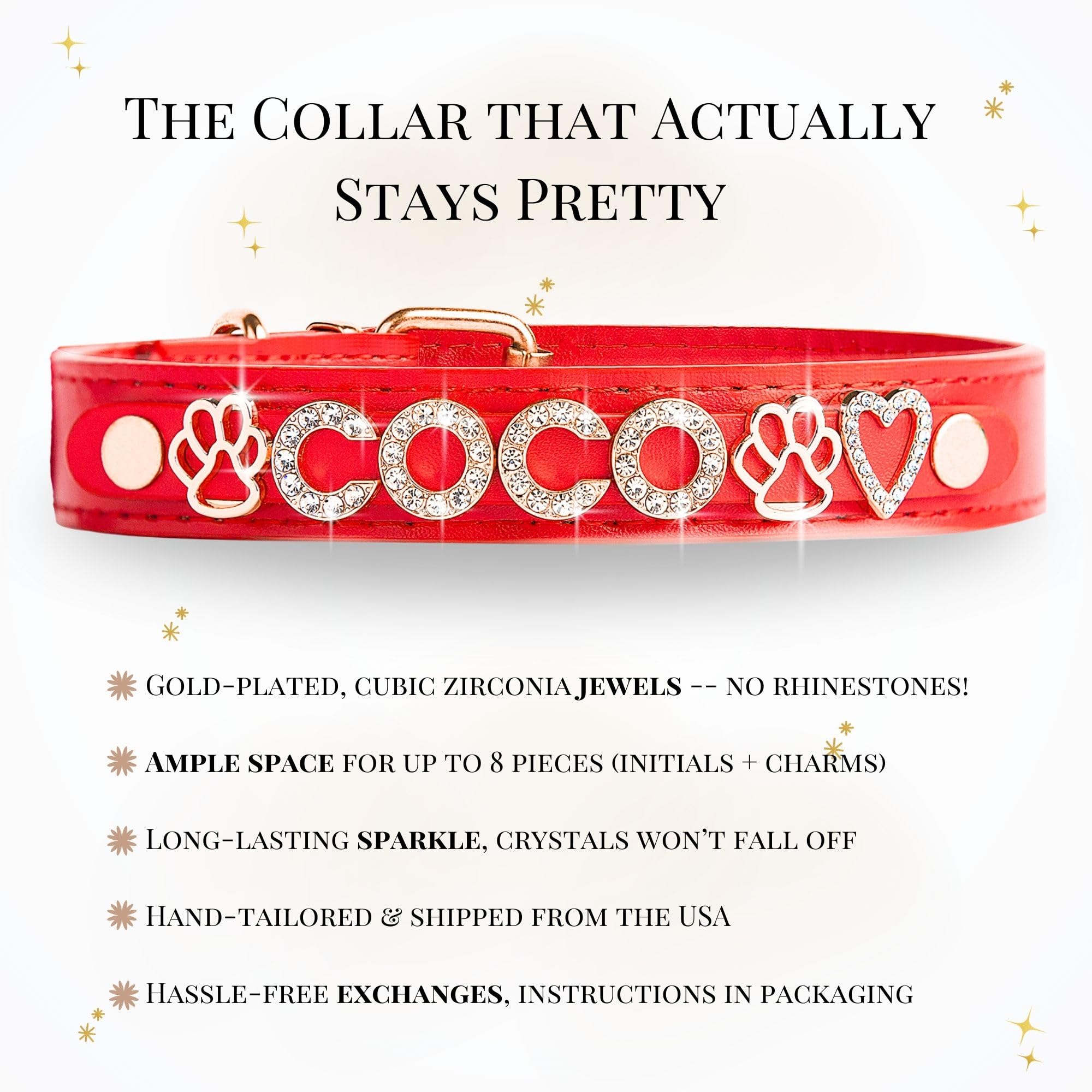 Custom Personalized Dog Collar for Small Dogs - Gold Plated Cubic Zirconia Initials & Charm Jewels - Red Luxury Pet Accessory - Perfect for Daily Walks, Special Occasions & Gift Giving
