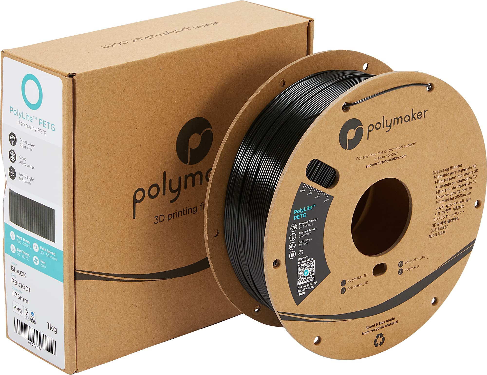 Polymaker PolyLite PETG 3D Printer Filament 1.75mm Bundle - 3 Spools (Black, White, Red) for High-Quality 3D Printing - Perfect for DIY Projects, Prototyping & Home Decor