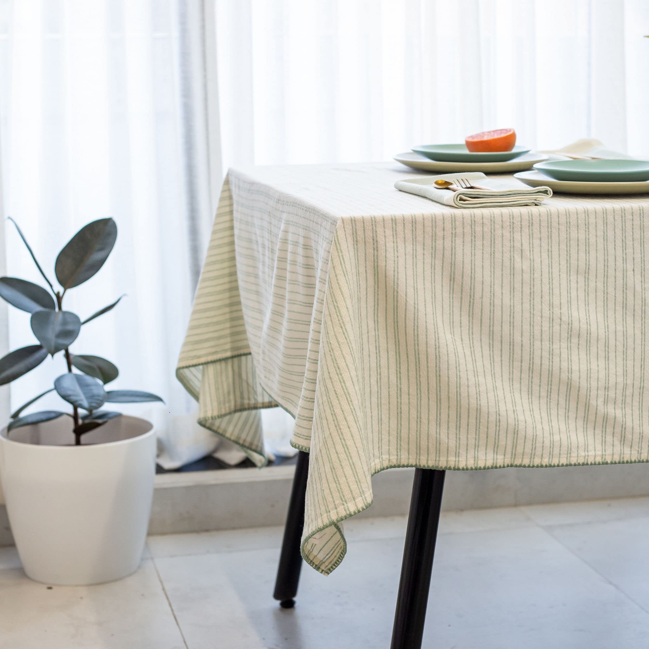 Bohemian Cotton Tablecloth 60x60 Inches - Square Table Cover for Dining, Kitchen, or Boho Home Decor in Misty Green | Machine Washable & Wrinkle Resistant