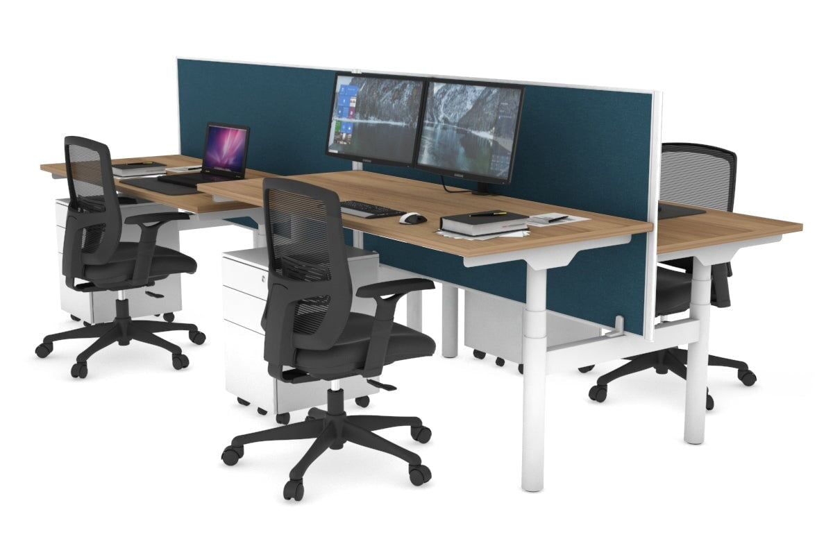 Flexi Premium Height Adjustable 4-Person H Bench Workstation - White Frame [1400L x 700W] - Ergonomic Office Desk for Collaborative Workspaces & Coworking Environments