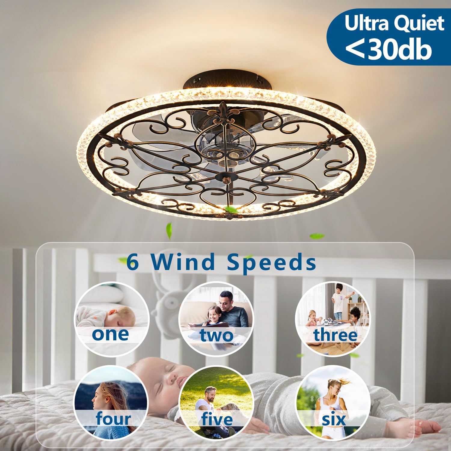 HuixuTe 52 Inch Caged Ceiling Fan with LED Light and Remote Control, 6 Speed Adjustable Industrial Farmhouse Ceiling Fan for Kitchen, Bedroom, Living Room - Perfect for Home Cooling and Stylish Interior Decor