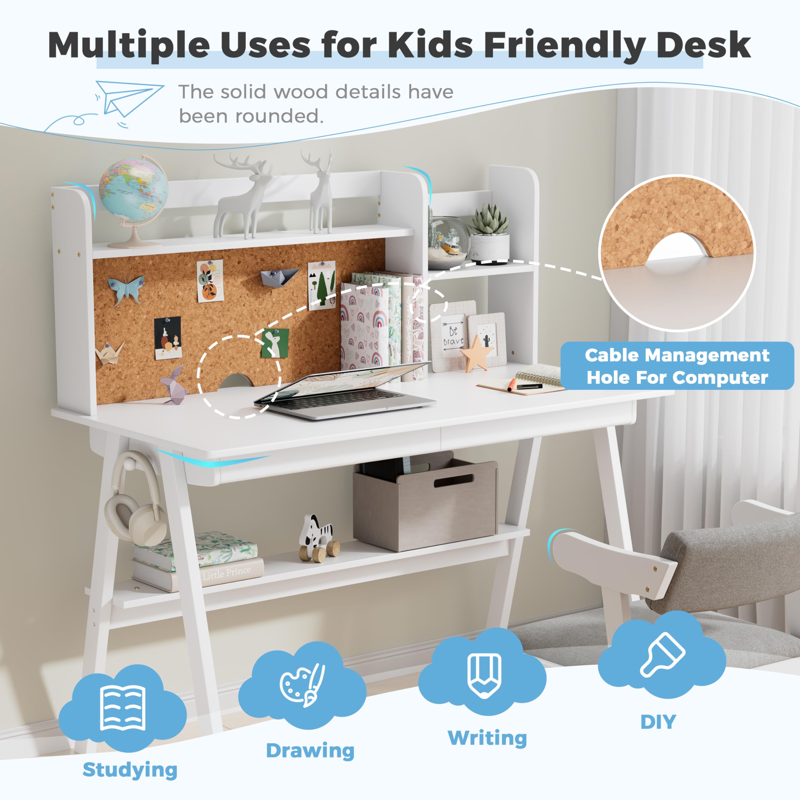 DELAVIN 39.37 Inch Kids Study Desk and Chair Set - Solid Wood Children's Computer Desk with Storage Drawers & Cork Bulletin Board - White Kids Furniture for Bedroom, Homeschool & Playroom