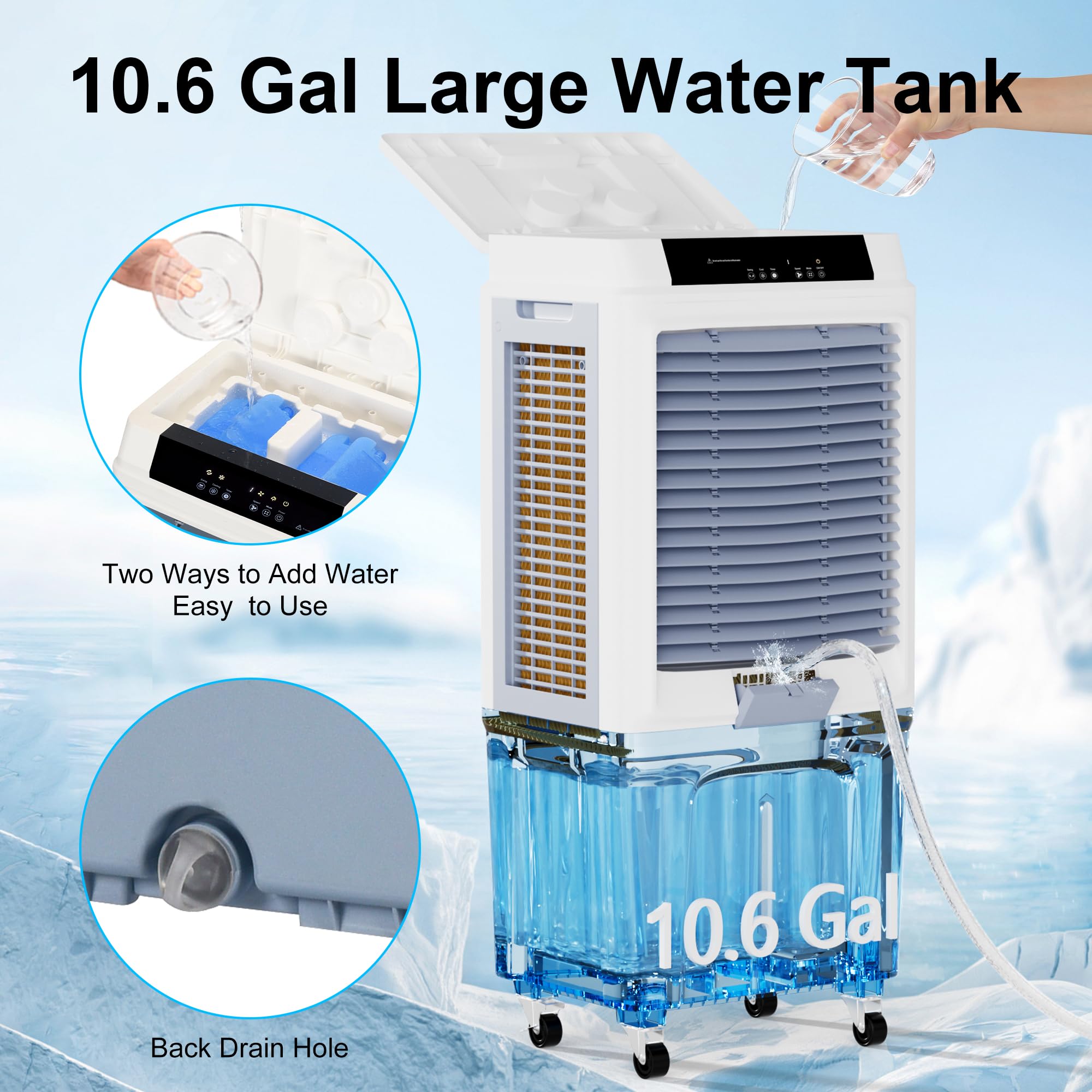 3288CFM Evaporative Air Cooler with 10.6-Gal Water Tank - Portable Swamp Cooler with Water Level Alarm, 3 Speed Settings & 12H Timer - Indoor Outdoor Air Conditioner Alternative for Patio, Garage, Workshop, and Home Cooling (42 Inch)