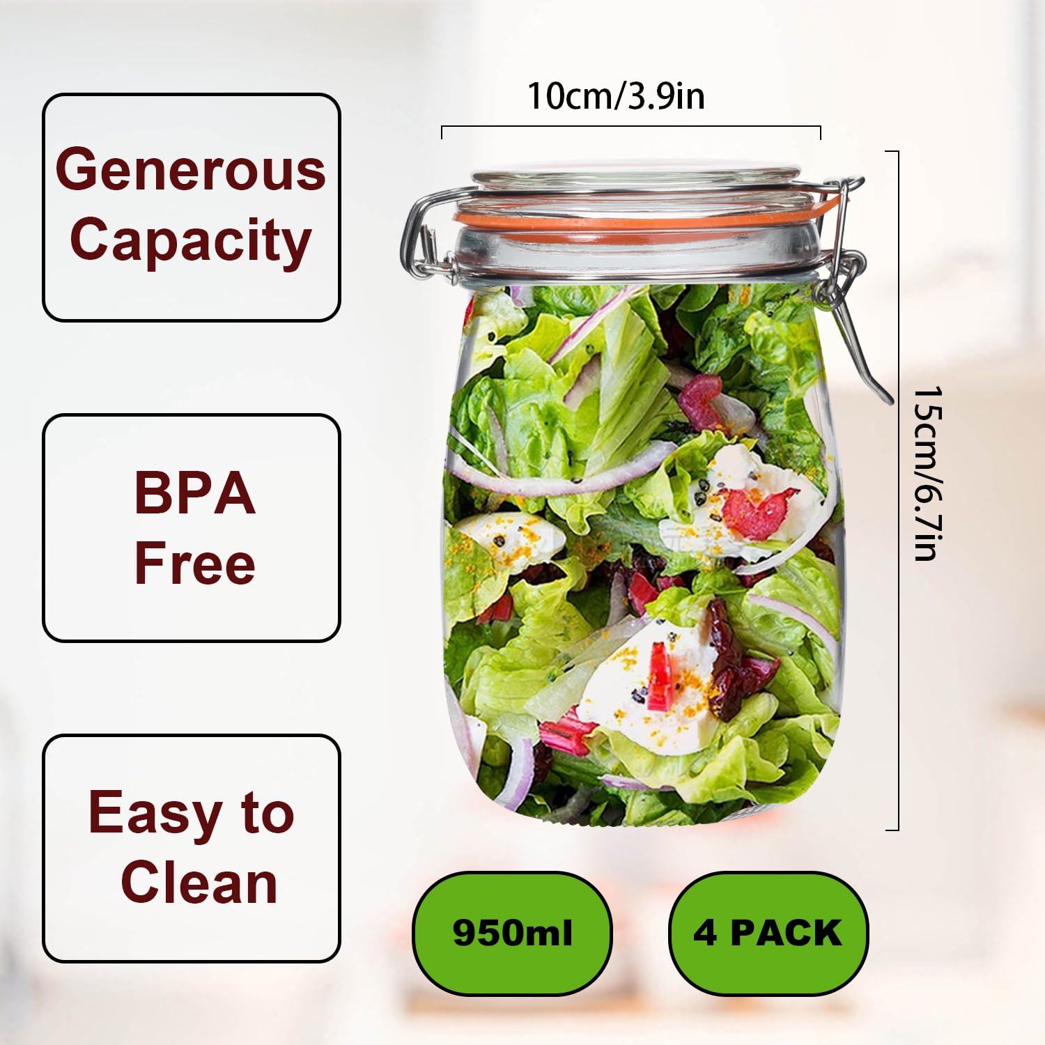32 oz Wide Mouth Mason Jars, 4 Pack - Airtight Glass Canning Jars with Lids for Pickling, Fermenting, Food Storage & Meal Prep - Perfect for Homemade Jams, Sauerkraut, Dry Goods & Kitchen Organization