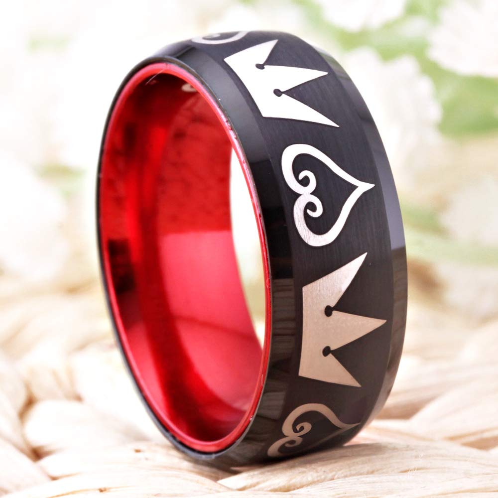 Kingdom Hearts & Crowns Design Cosplay Ring - 8mm Wide Red & Black Tungsten Wedding Band with Matte Finish & Beveled Edges - Free Custom Engraving - Perfect for Cosplay, Anime Conventions, and Gothic Weddings