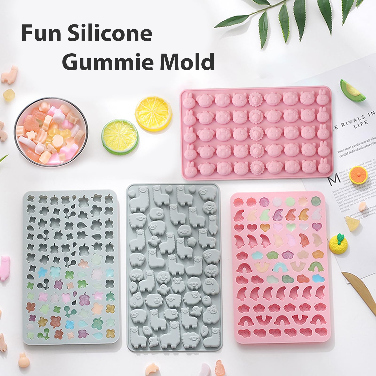 Premium Non-Stick Silicone Candy Molds - 4 Pack with 2 Droppers for Gummy Bears, Chocolate & Gelatin (260 Designs: Alpaca, Clover, Animals, Rainbow & Cloud) - Perfect for DIY Candy Making, Birthday Parties & Baking Decorations