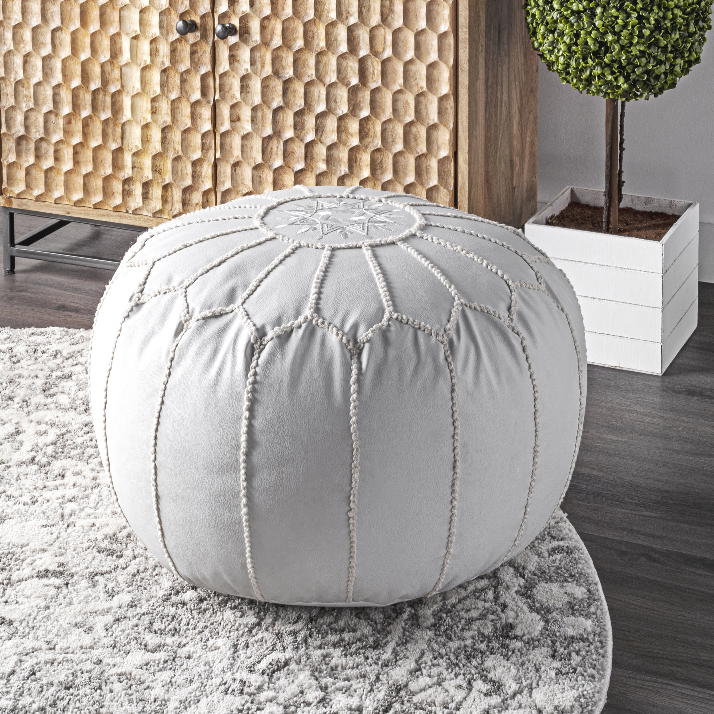 Luxury Faux Leather Pouf Ottoman - Ivory White Footrest Stool for Living Room, Bedroom & Nursery - Stylish Home Decor Accent for Relaxing & Extra Seating