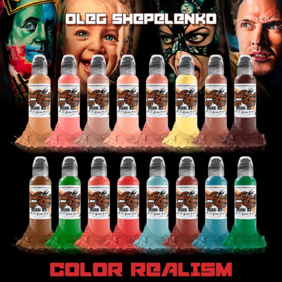 WORLD FAMOUS TATTOO INK - 16 Bottle Oleg Shepelenko Realism Color Ink Set for Professional Tattoo Artists | High Quality, Vibrant Colors for Realistic Tattoos